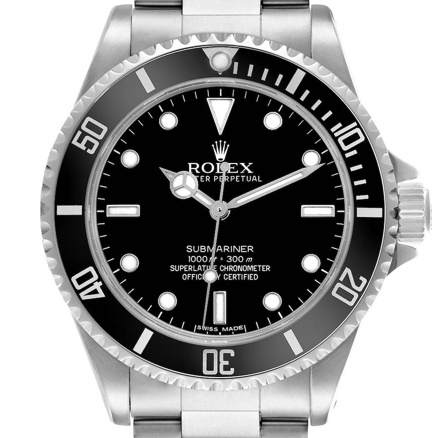 The Rolex Submariner watch is shown from the front, displaying its bezel, dial, hands, markers, crown, and a portion of the bracelet.