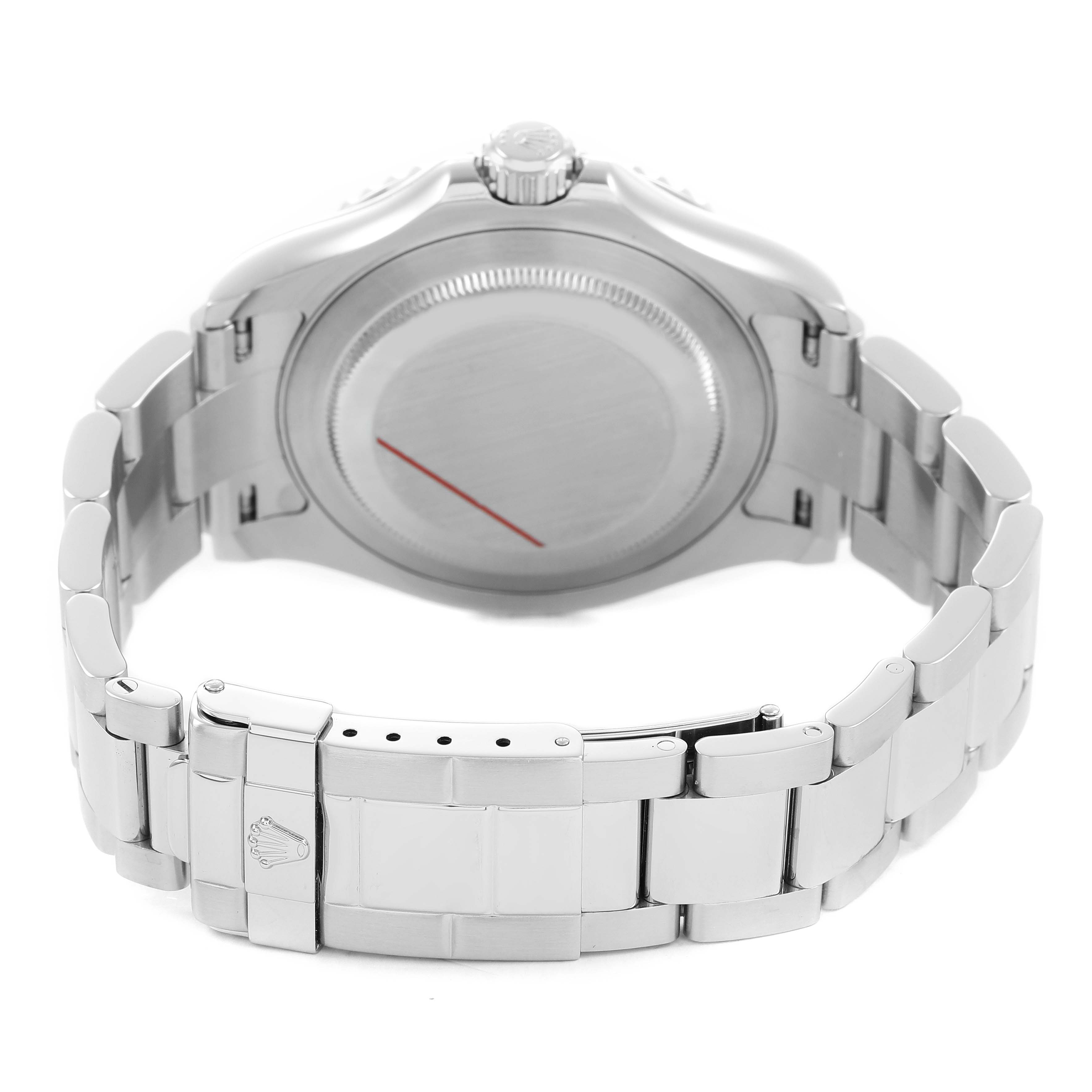 The image shows the back view of a Rolex Yacht-Master 16622 Men's Stainless Steel Silver Dial watch, highlighting the case back and metal bracelet clasp.