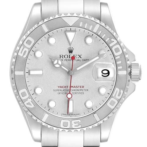 The Rolex Yacht-Master 16622 Men's Stainless Steel Silver Dial watch is shown from a front angle, highlighting the dial, bezel, and crown.