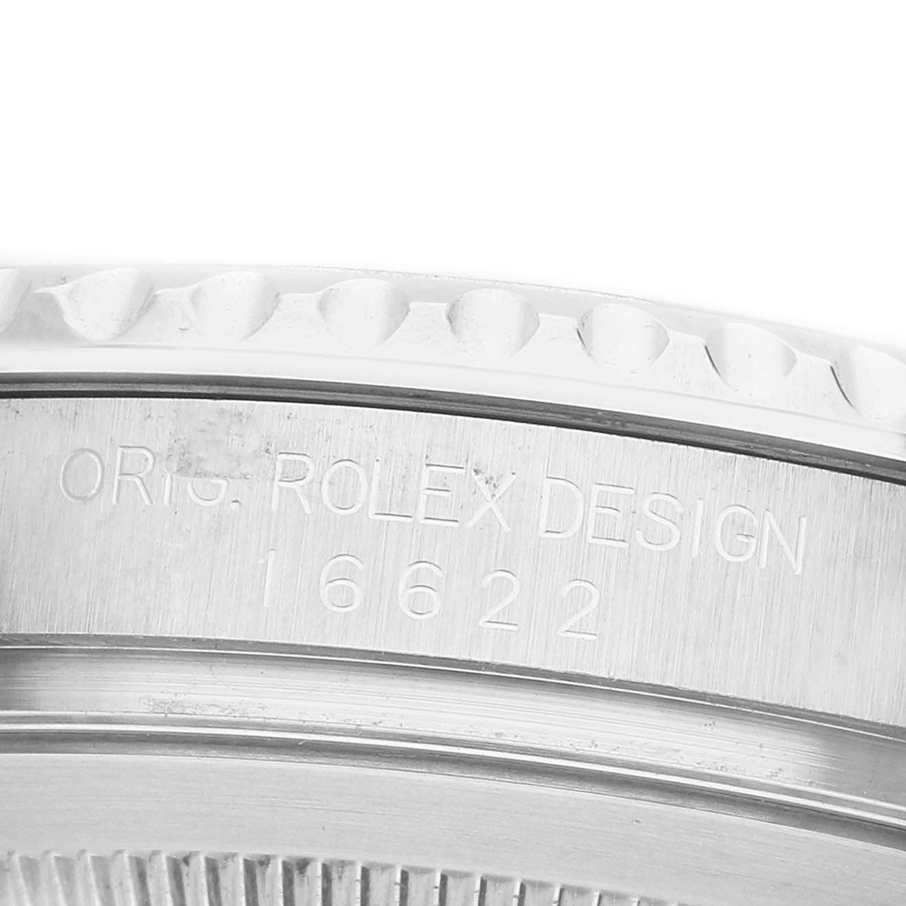 The image shows a close-up of the side of a Rolex Yacht-Master 16622 Men's Stainless Steel Silver Dial watch, highlighting the case with engraved model details.