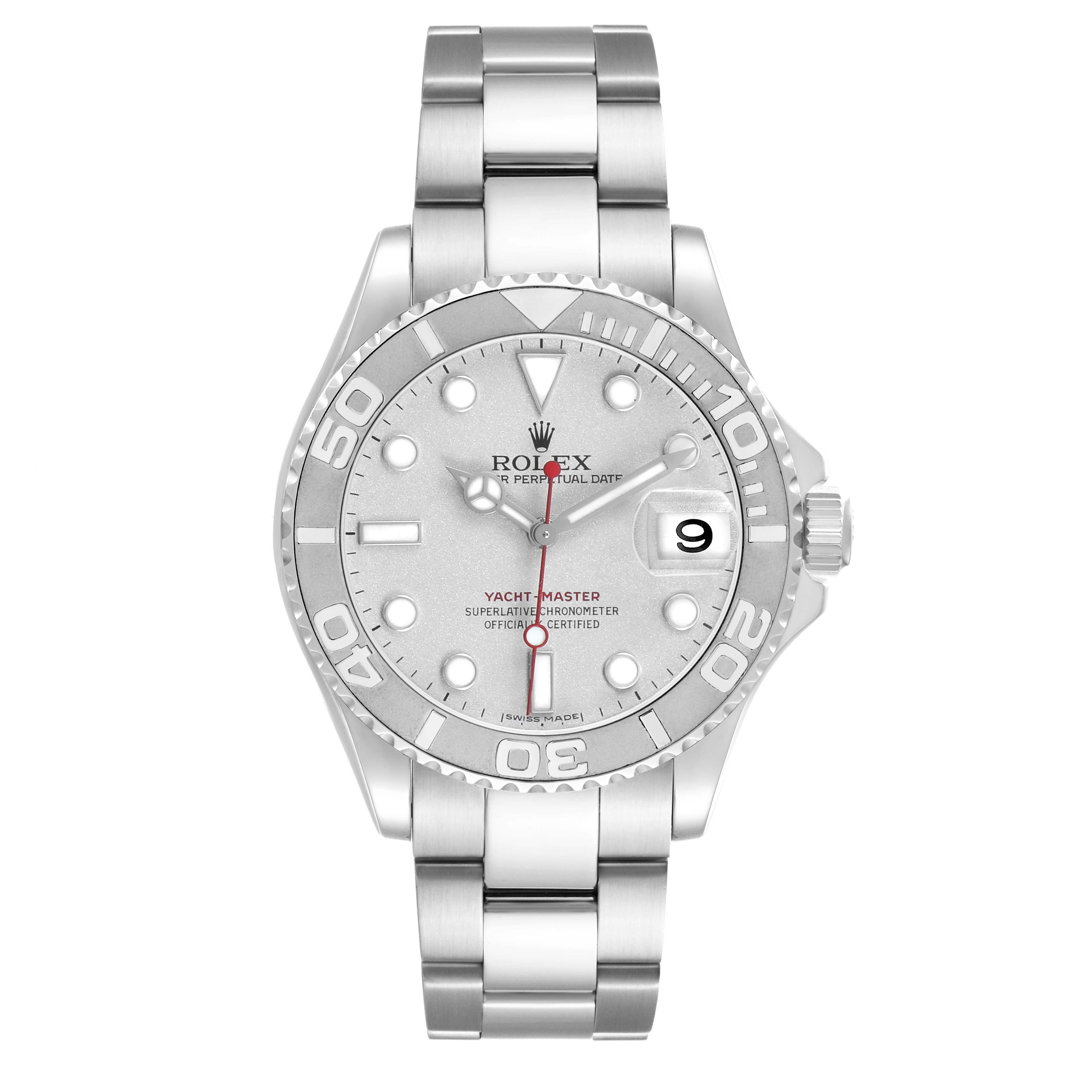 The Rolex Yacht-Master 16622 Men's Stainless Steel Silver Dial is shown from the front, displaying the dial, bezel, crown, and bracelet.