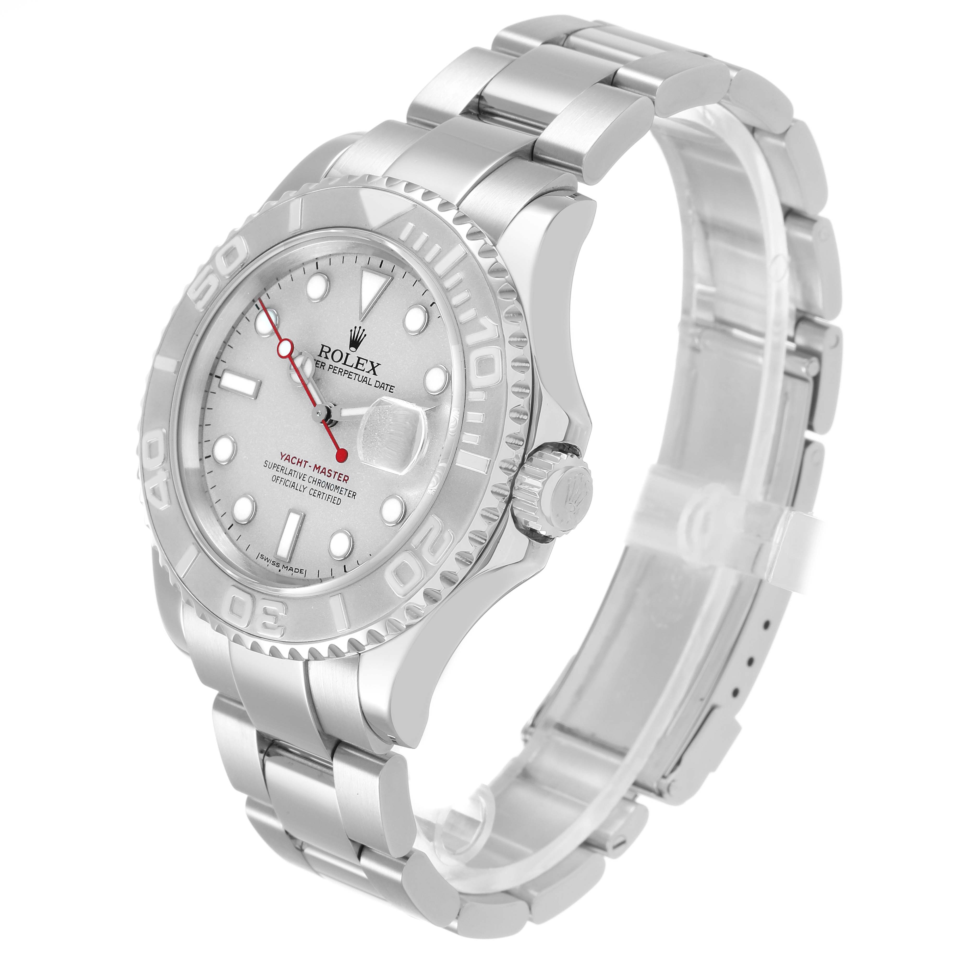 The Rolex Yacht-Master 16622 Men's Stainless Steel Silver Dial watch is shown at an angled side view, highlighting the bezel, dial, and bracelet.
