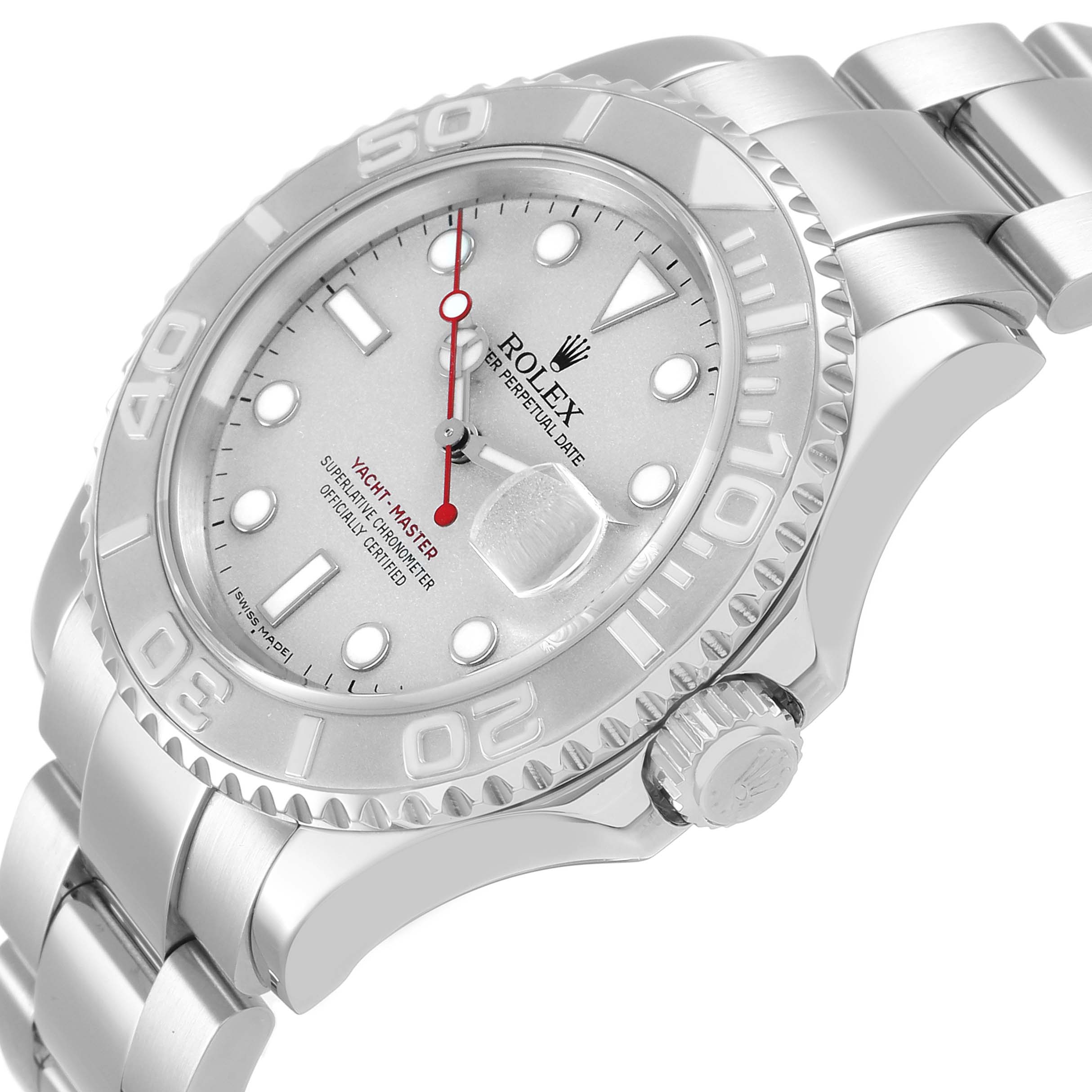 The Rolex Yacht-Master 16622 Men's Stainless Steel Silver Dial watch is shown at an angled side view, highlighting the bezel, dial, and bracelet.