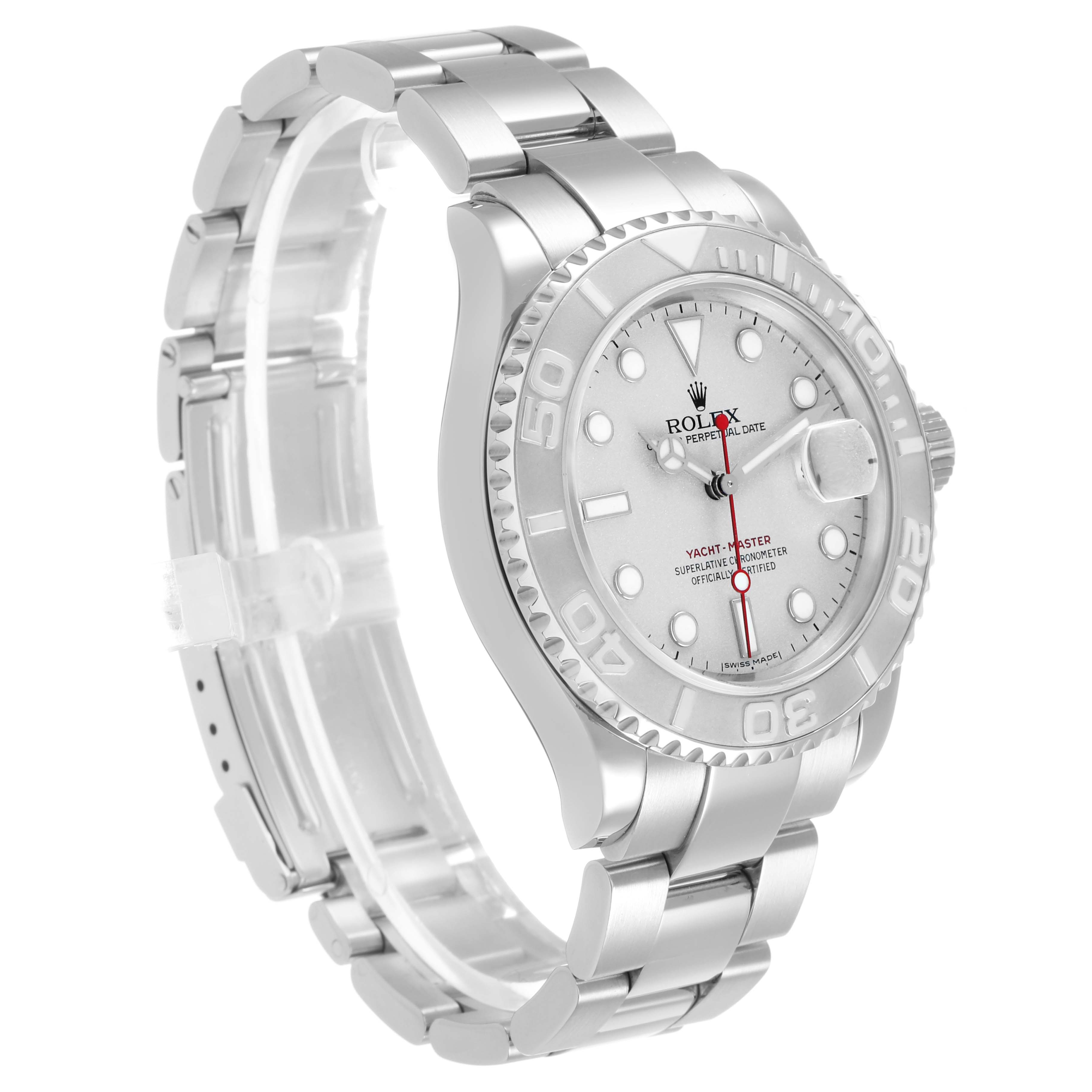 The Rolex Yacht-Master 16622 Men's Stainless Steel Silver Dial watch is shown at a three-quarter angle, highlighting the dial, bezel, and bracelet.