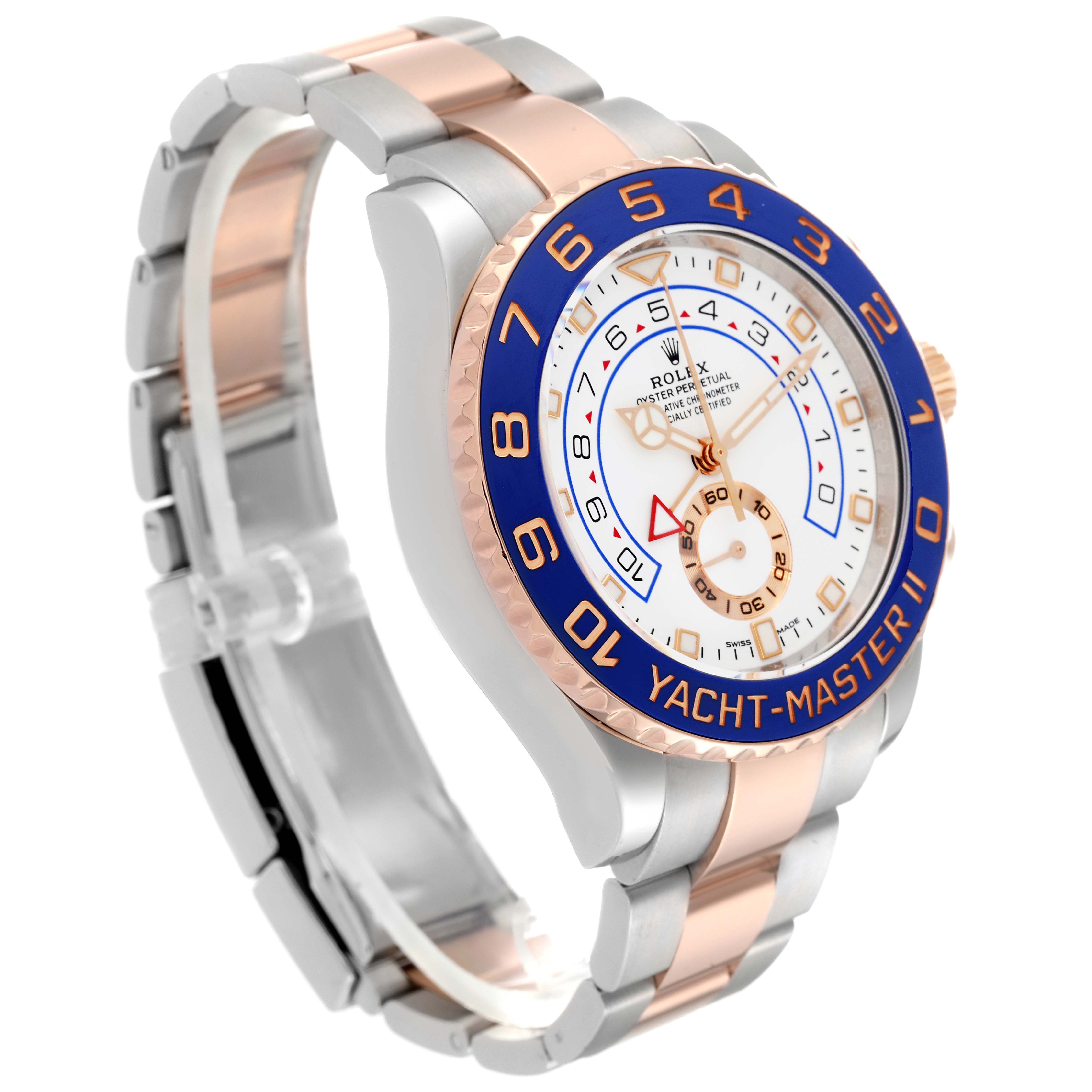 The Rolex Yacht-Master 116681 Men's Steel and Gold (two tone) White Dial 116681 Men's Steel and Gold (two tone) White Dial II watch is shown at an angle highlighting the dial, bezel, and bracelet.