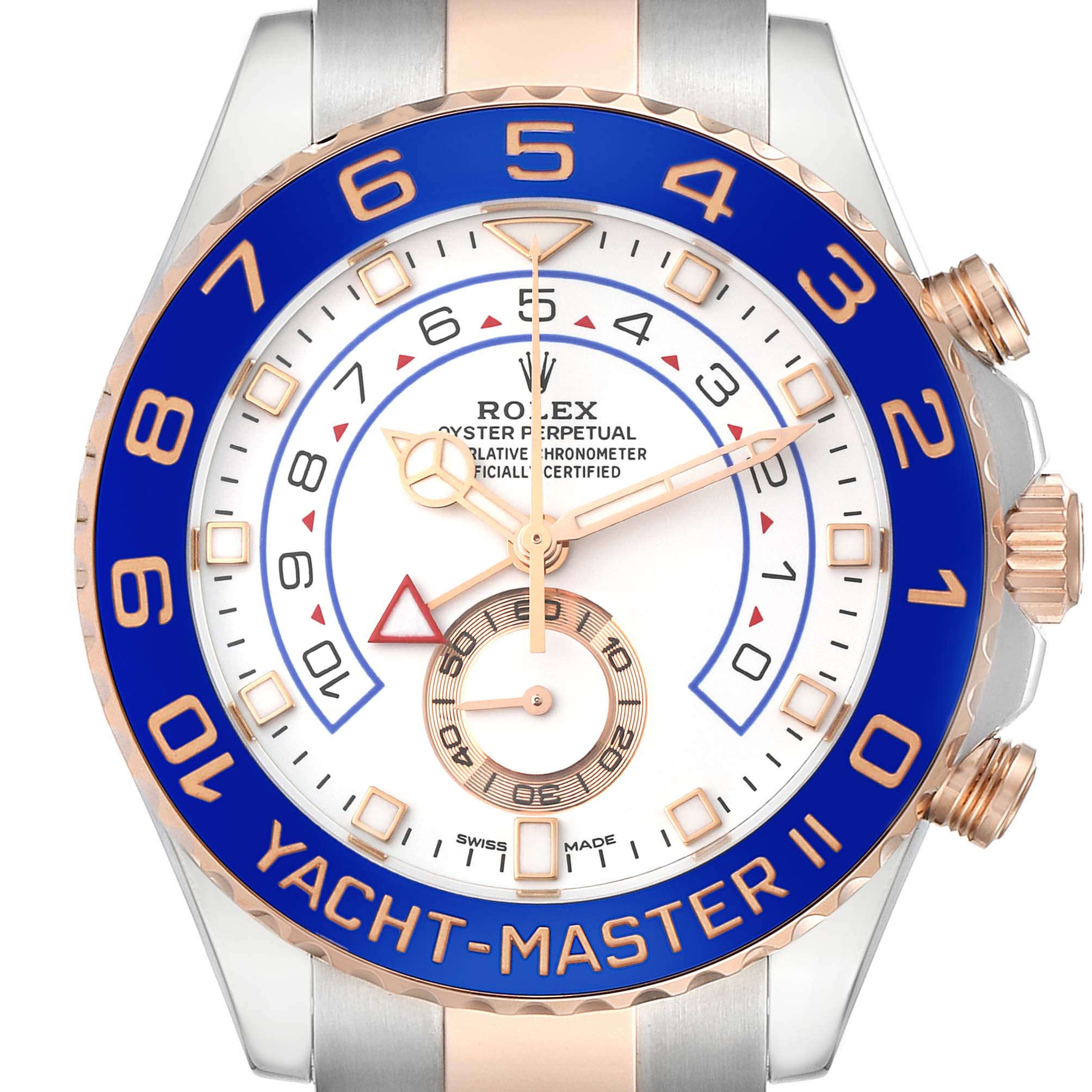 This image shows a front view of the Rolex Yacht-Master 116681 Men's Steel and Gold (two tone) White Dial 116681 Men's Steel and Gold (two tone) White Dial II watch, highlighting the dial, bezel, and crown.