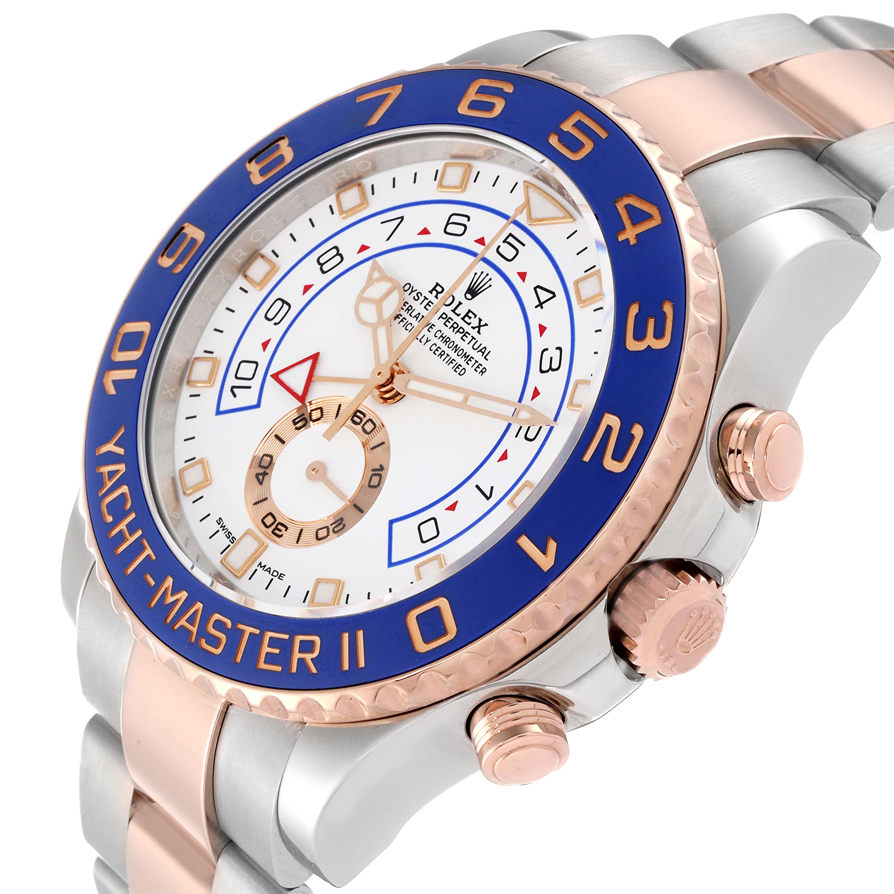 This image shows a close-up angle of the Rolex Yacht-Master 116681 Men's Steel and Gold (two tone) White Dial 116681 Men's Steel and Gold (two tone) White Dial II, highlighting the bezel, crown, and part of the bracelet.