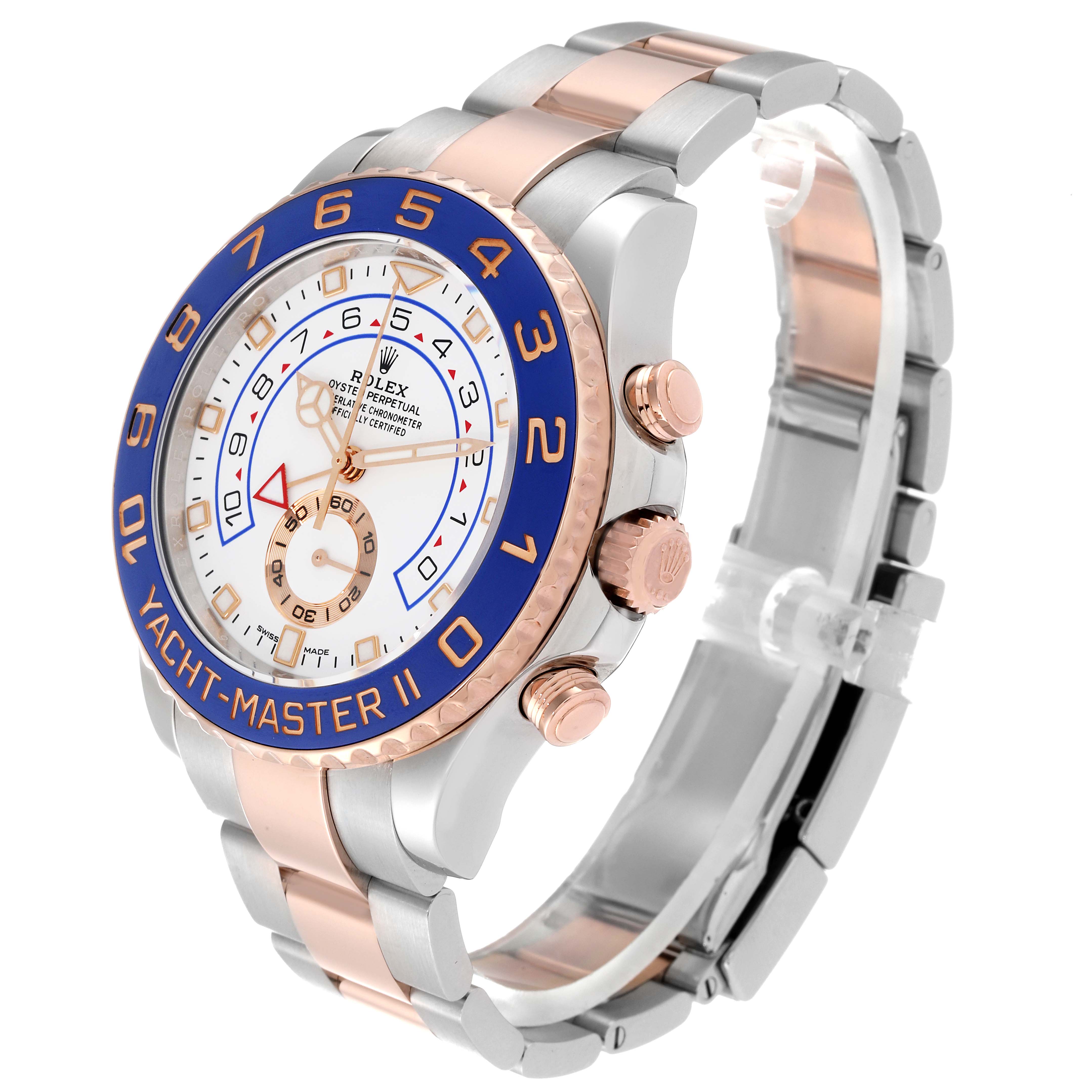 The Rolex Yacht-Master 116681 Men's Steel and Gold (two tone) White Dial 116681 Men's Steel and Gold (two tone) White Dial II watch is shown at an angled view, highlighting its bezel, dial, and two-tone bracelet.