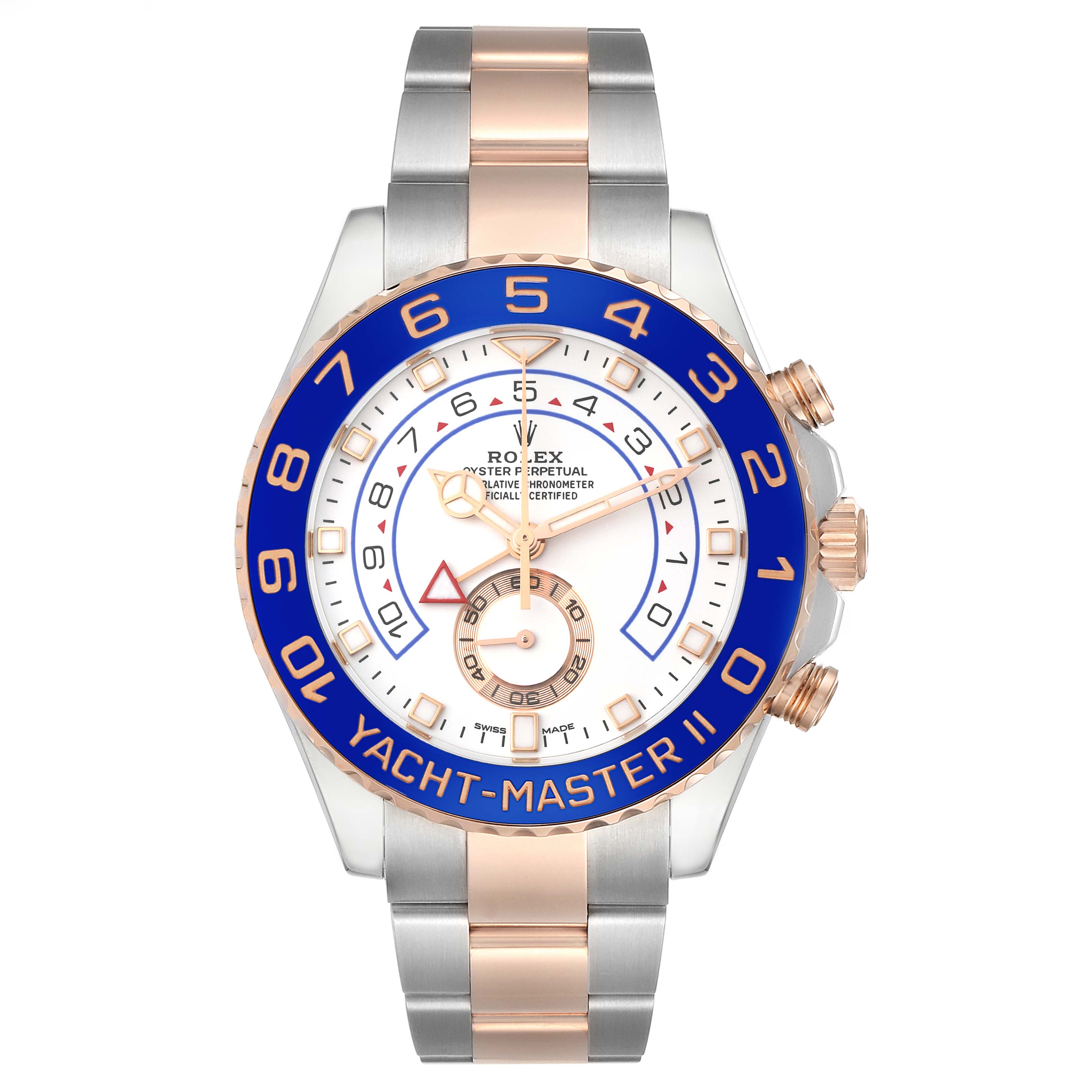 The Rolex Yacht-Master 116681 Men's Steel and Gold (two tone) White Dial 116681 Men's Steel and Gold (two tone) White Dial watch is shown from a front angle, displaying its dial, bezel, and part of the bracelet.