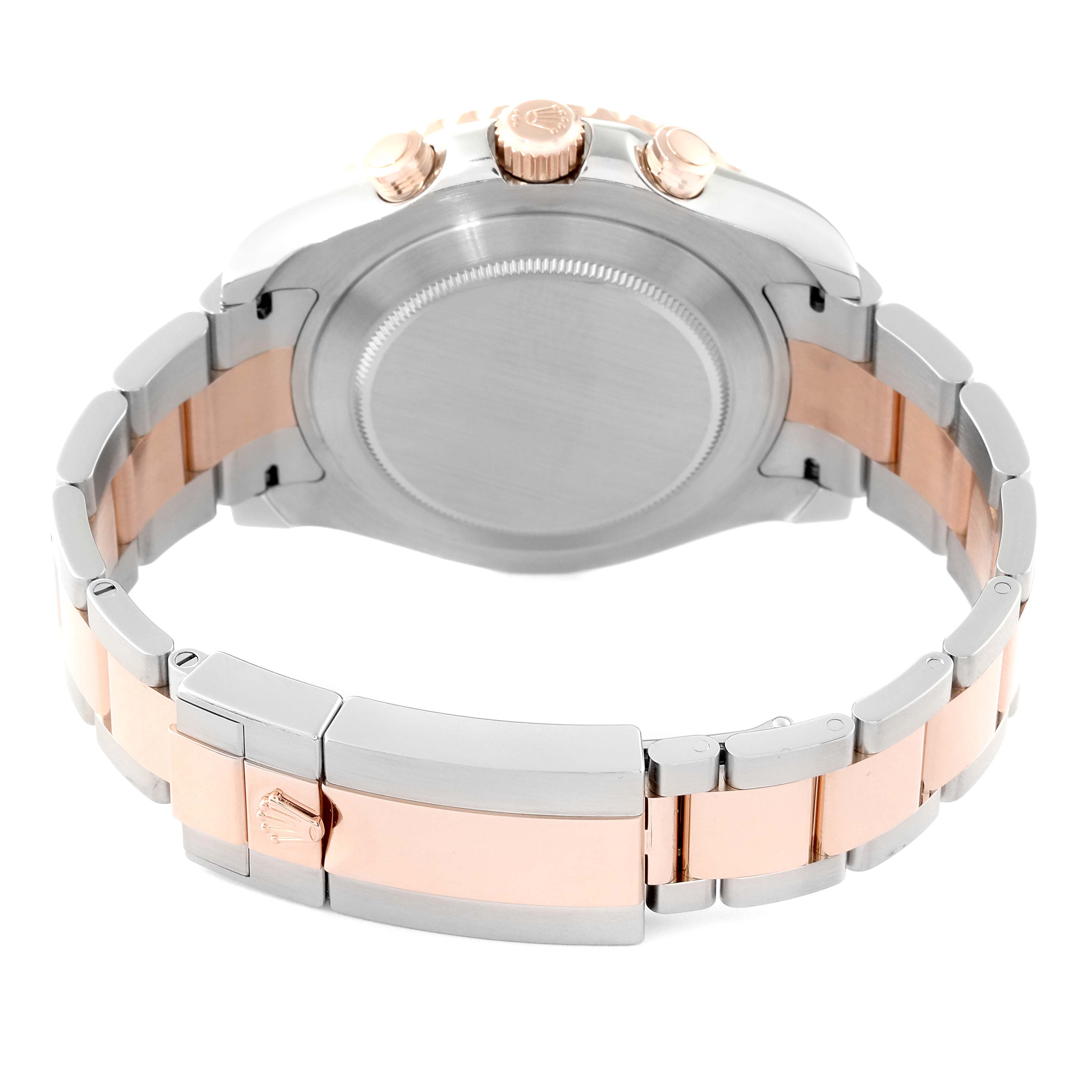 The image shows the back case and bracelet of the Rolex Yacht-Master 116681 Men's Steel and Gold (two tone) White Dial 116681 Men's Steel and Gold (two tone) White Dial watch, highlighting the clasp and crown with pushers.