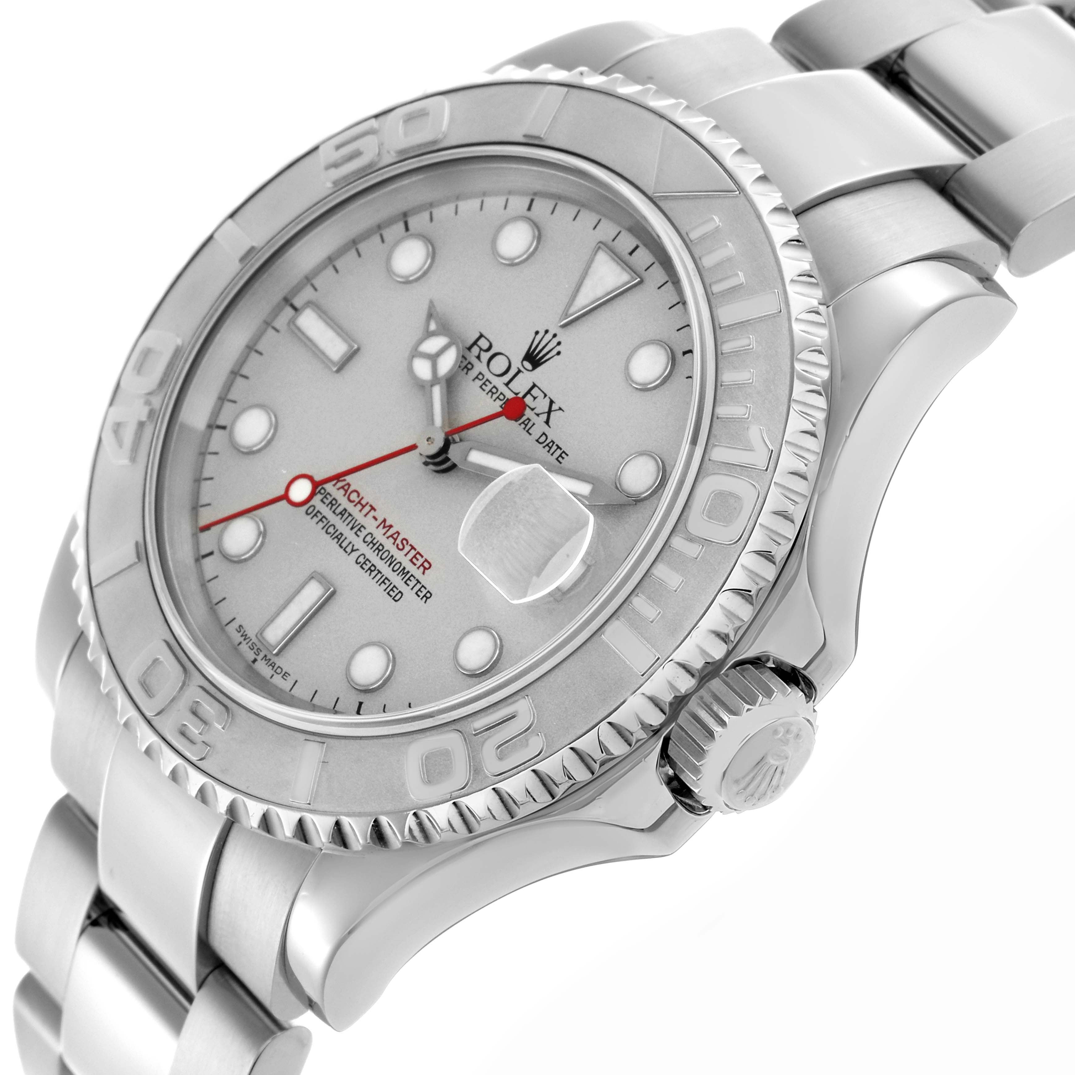 The Rolex Yacht-Master 16622 Men
s Stainless Steel Silver Dial 16622 Men
s Stainless Steel Silver Dial watch is shown at an angle highlighting the face, bezel, and part of the bracelet and crown.
