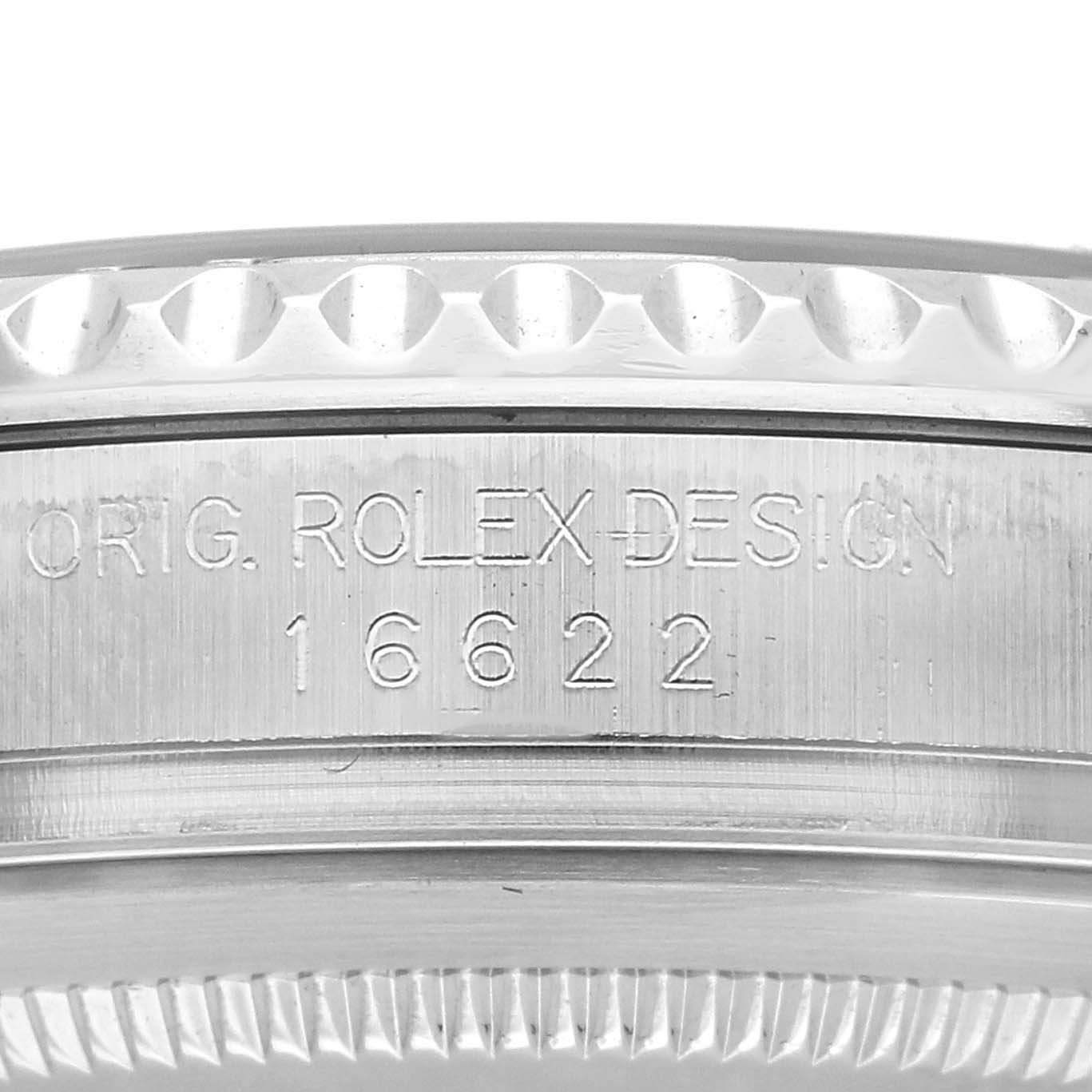 The image shows a side view of the Rolex Yacht-Master 16622 Men
s Stainless Steel Silver Dial 16622 Men
s Stainless Steel Silver Dial, highlighting the engraved model number and edge of the bezel.