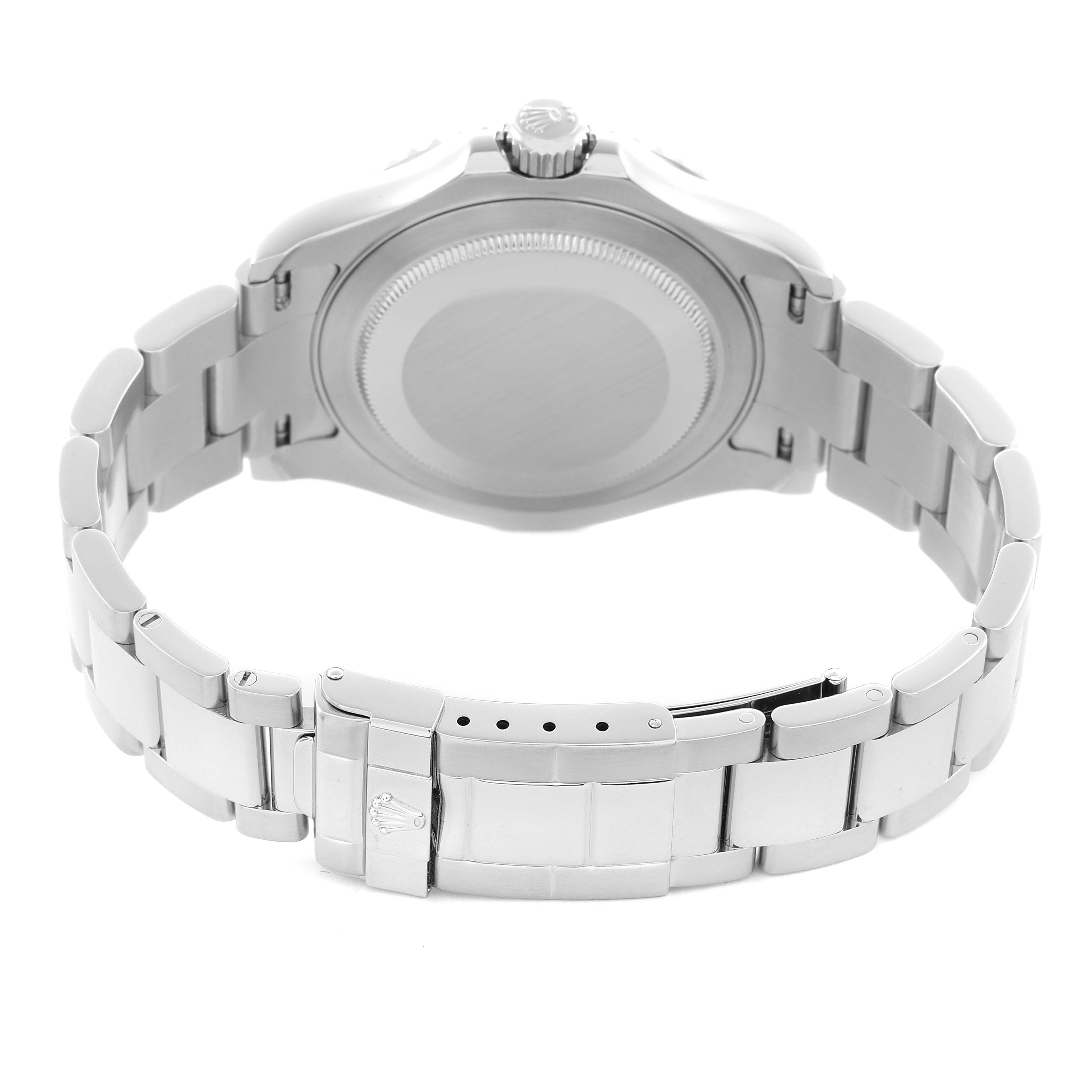 The image shows the back view of a Rolex Yacht-Master 16622 Men
s Stainless Steel Silver Dial 16622 Men
s Stainless Steel Silver Dial watch, highlighting the case back and the clasp of the metal bracelet.