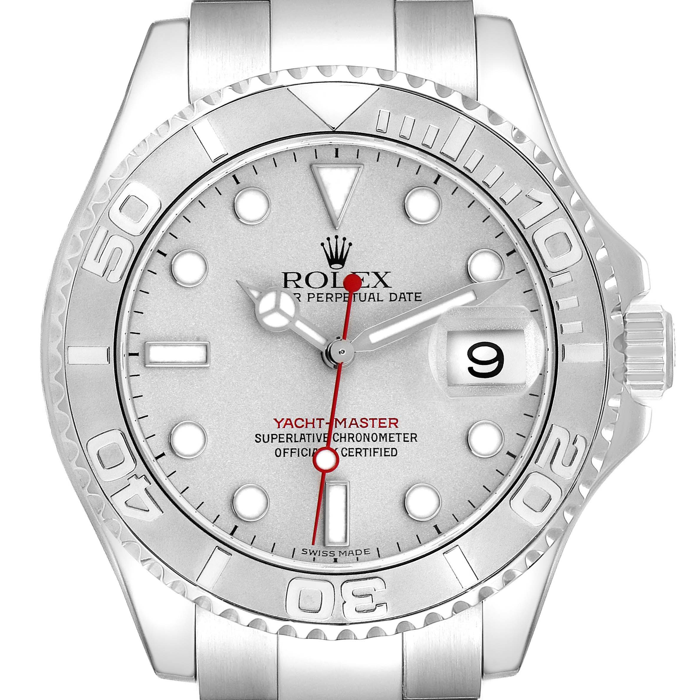 The Rolex Yacht-Master 16622 Men
s Stainless Steel Silver Dial 16622 Men
s Stainless Steel Silver Dial is shown from a front angle, highlighting the dial, bezel, and bracelet.