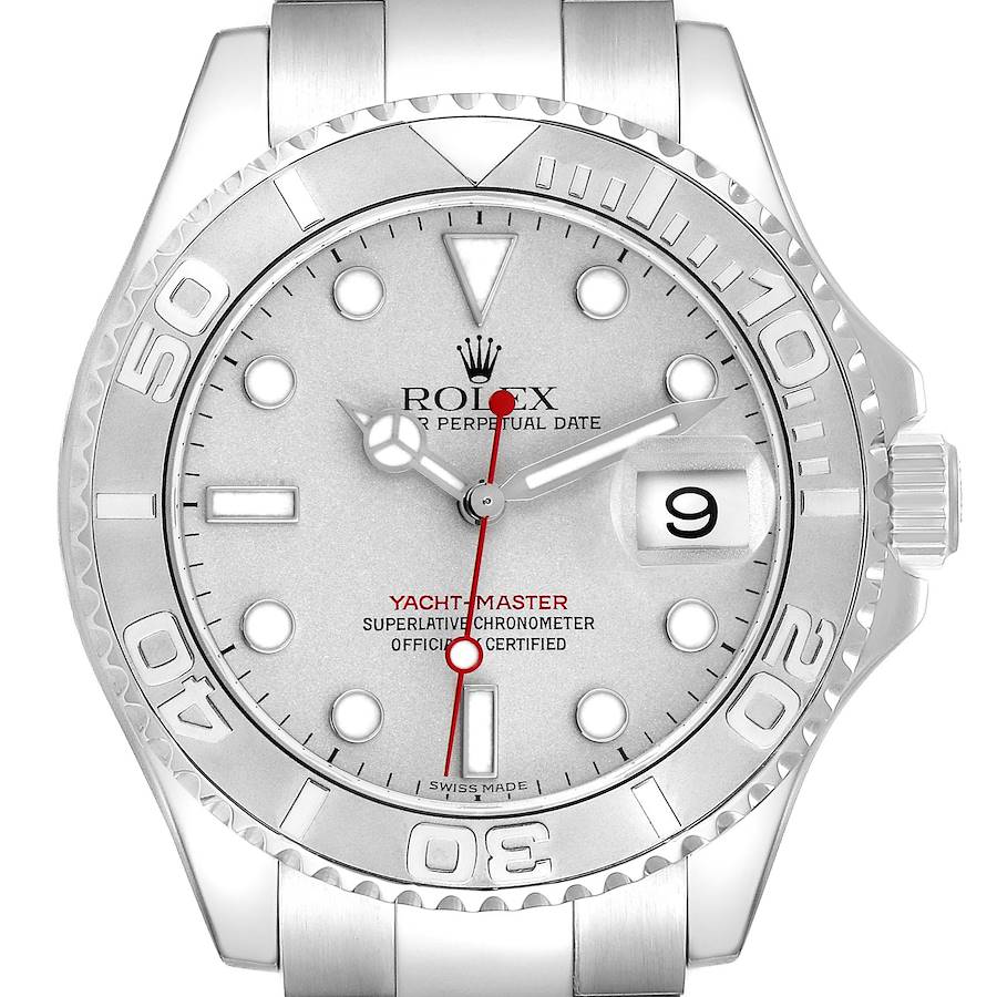 The Rolex Yacht-Master is shown from a front angle, highlighting the dial, bezel, and bracelet.
