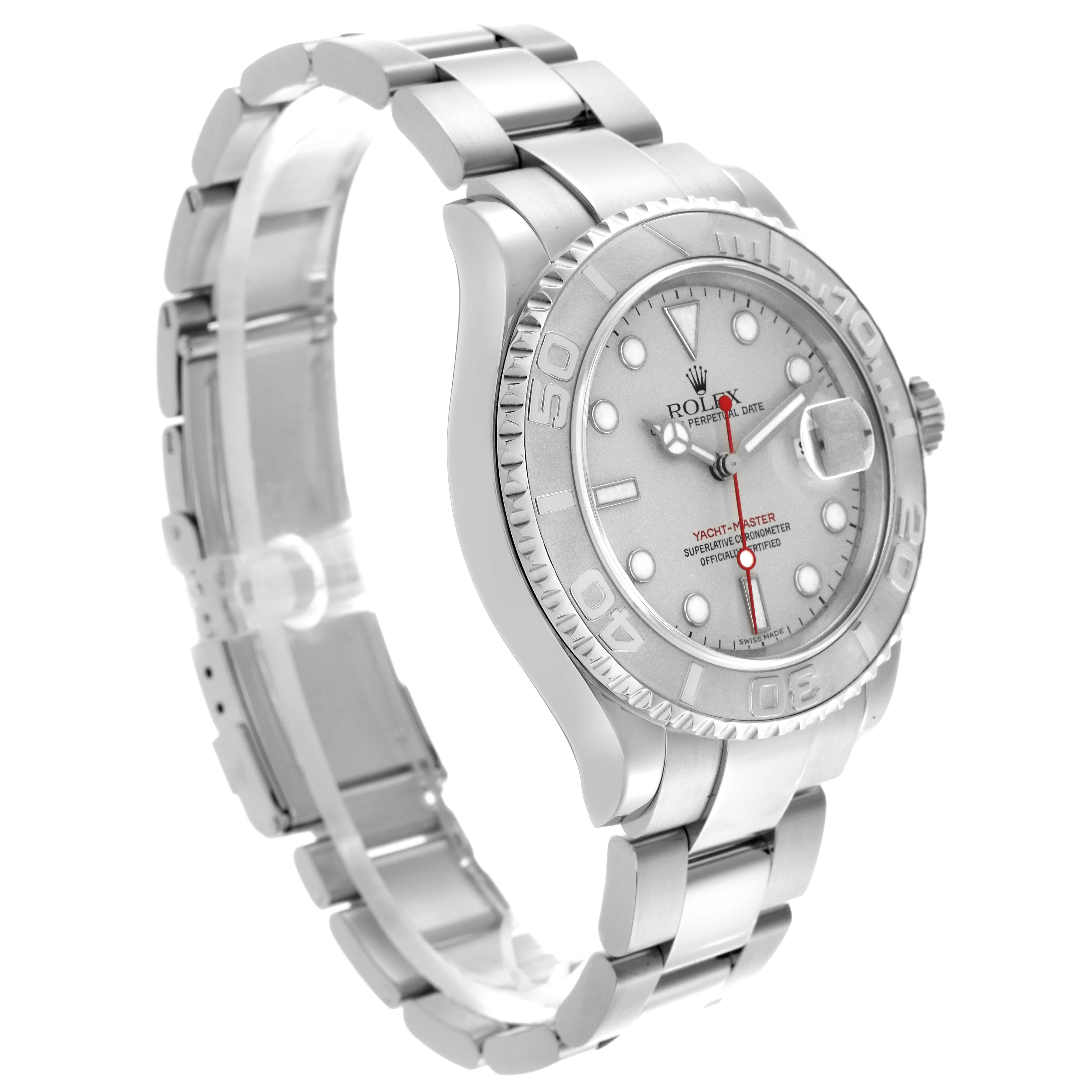 The Rolex Yacht-Master 16622 Men
s Stainless Steel Silver Dial 16622 Men
s Stainless Steel Silver Dial watch is shown at a three-quarter angle, displaying the face, bezel, and part of the bracelet.