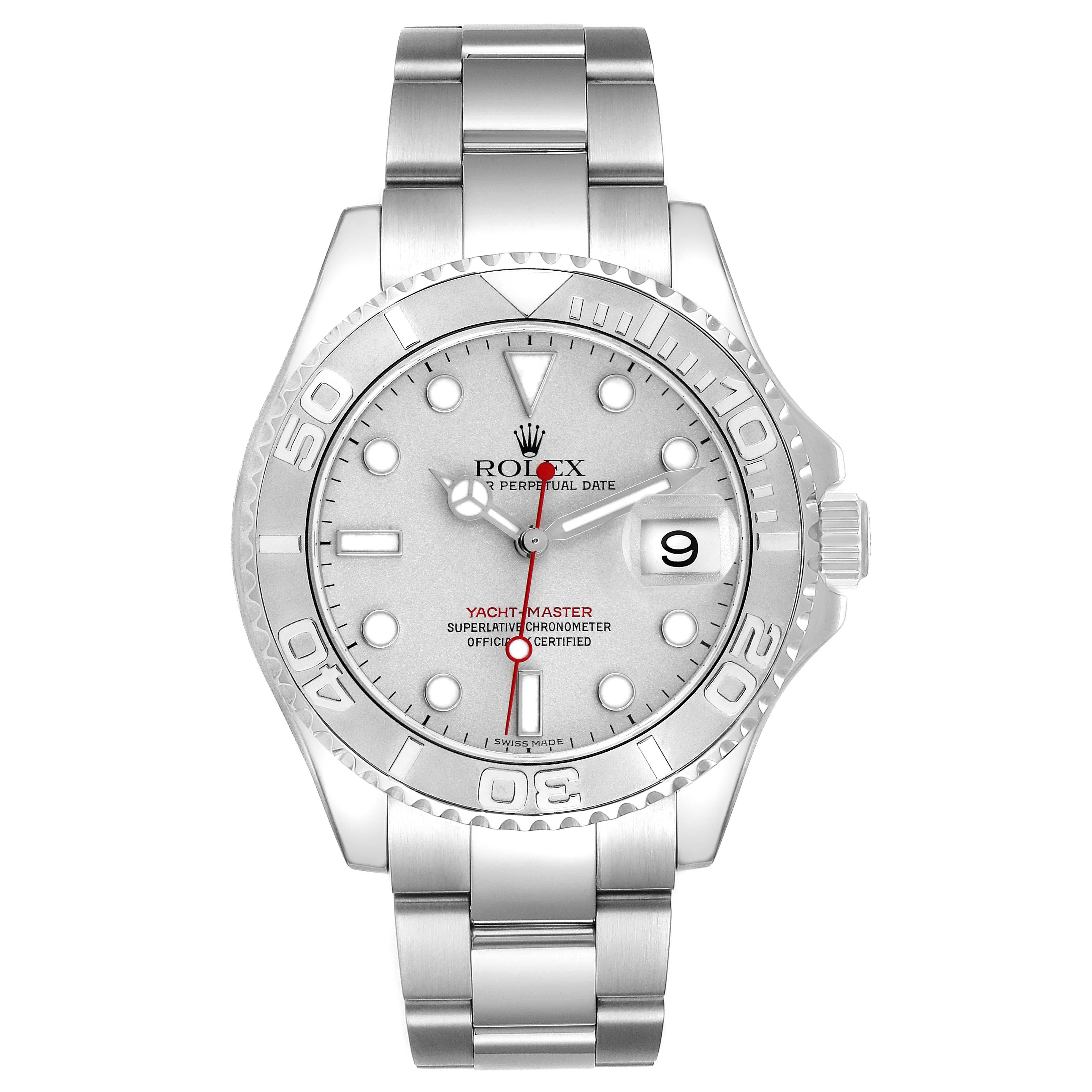The Rolex Yacht-Master 16622 Men
s Stainless Steel Silver Dial 16622 Men
s Stainless Steel Silver Dial watch is shown from a front angle, featuring the bezel, dial, date window, and bracelet.