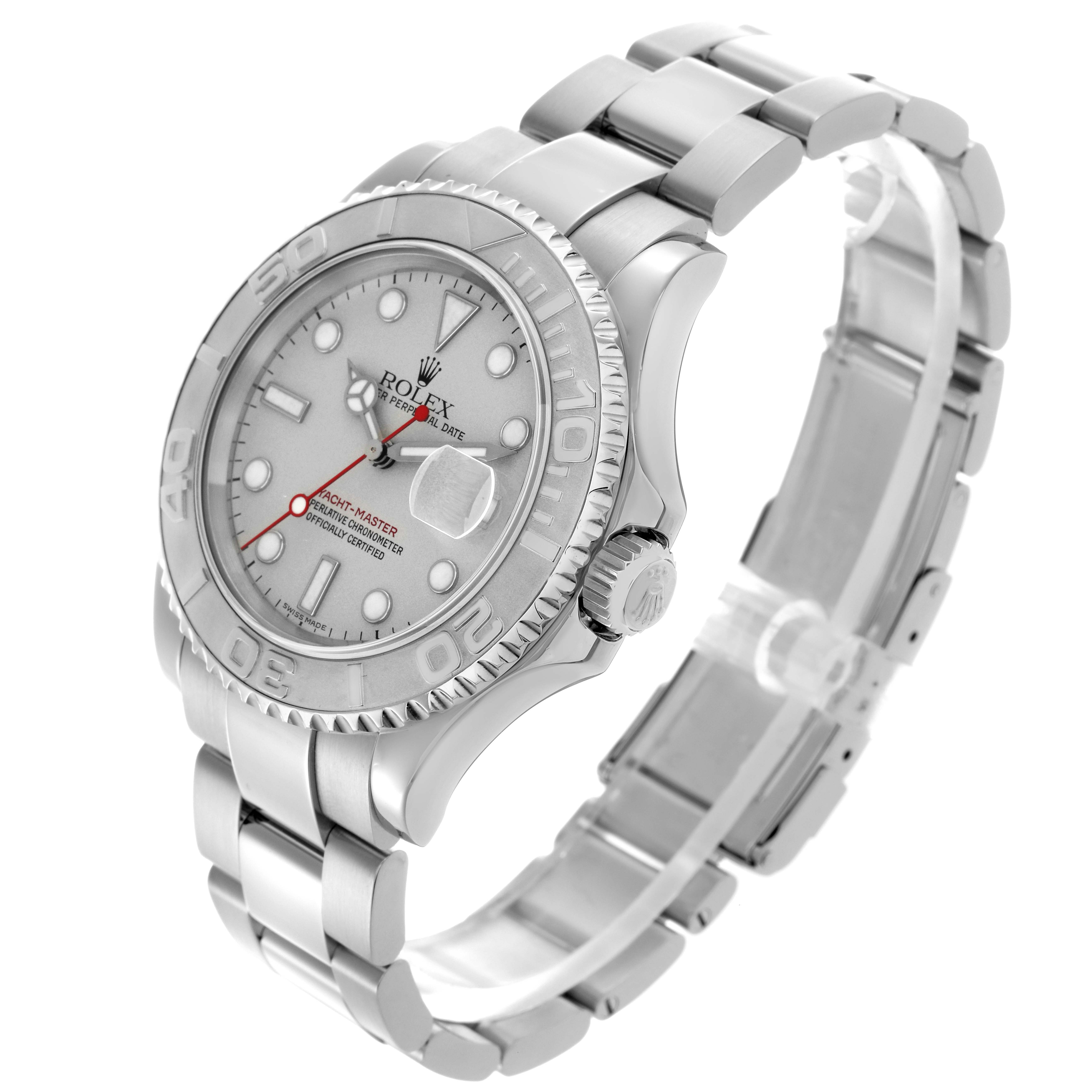 The Rolex Yacht-Master 16622 Men
s Stainless Steel Silver Dial 16622 Men
s Stainless Steel Silver Dial watch is shown at a three-quarter angle, highlighting the dial, bezel, crown, and bracelet.