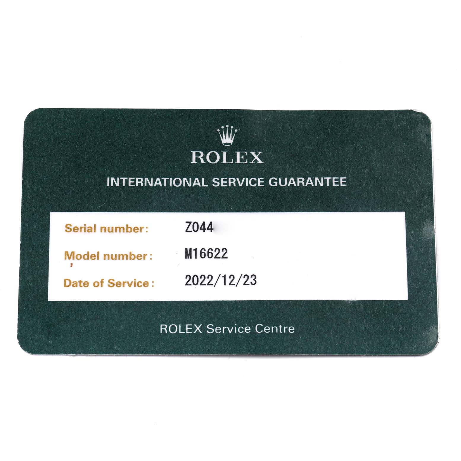 This image shows an International Service Guarantee card for a Rolex Yacht-Master 16622 Men
s Stainless Steel Silver Dial 16622 Men
s Stainless Steel Silver Dial watch, model number M16622.