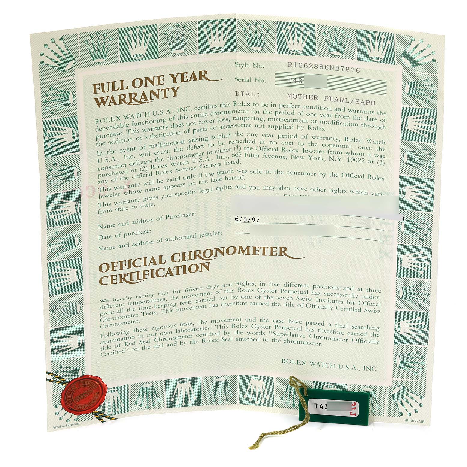The image shows the official chronometer certification and warranty documents for a Rolex Yacht-Master 16628 Men's Yellow Gold Mother of Pearl Dial 16628 Men's Yellow Gold Mother of Pearl Dial model.