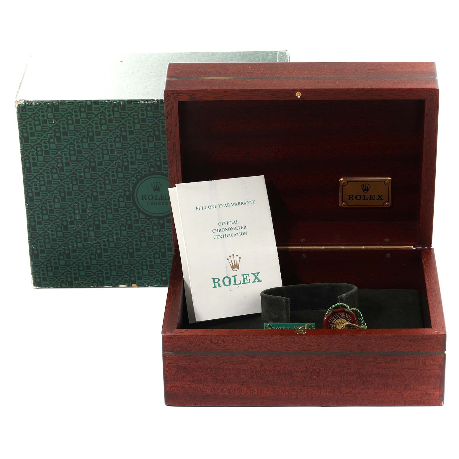 The image shows a Rolex Yacht-Master 16628 Men's Yellow Gold Mother of Pearl Dial 16628 Men's Yellow Gold Mother of Pearl Dial watch box with warranty and certification booklets, and watch accessories inside.