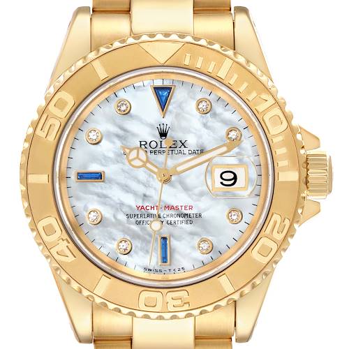 Photo of Rolex Yachtmaster Yellow Gold MOP Diamond Sapphire Serti Watch 16628 Box Papers
