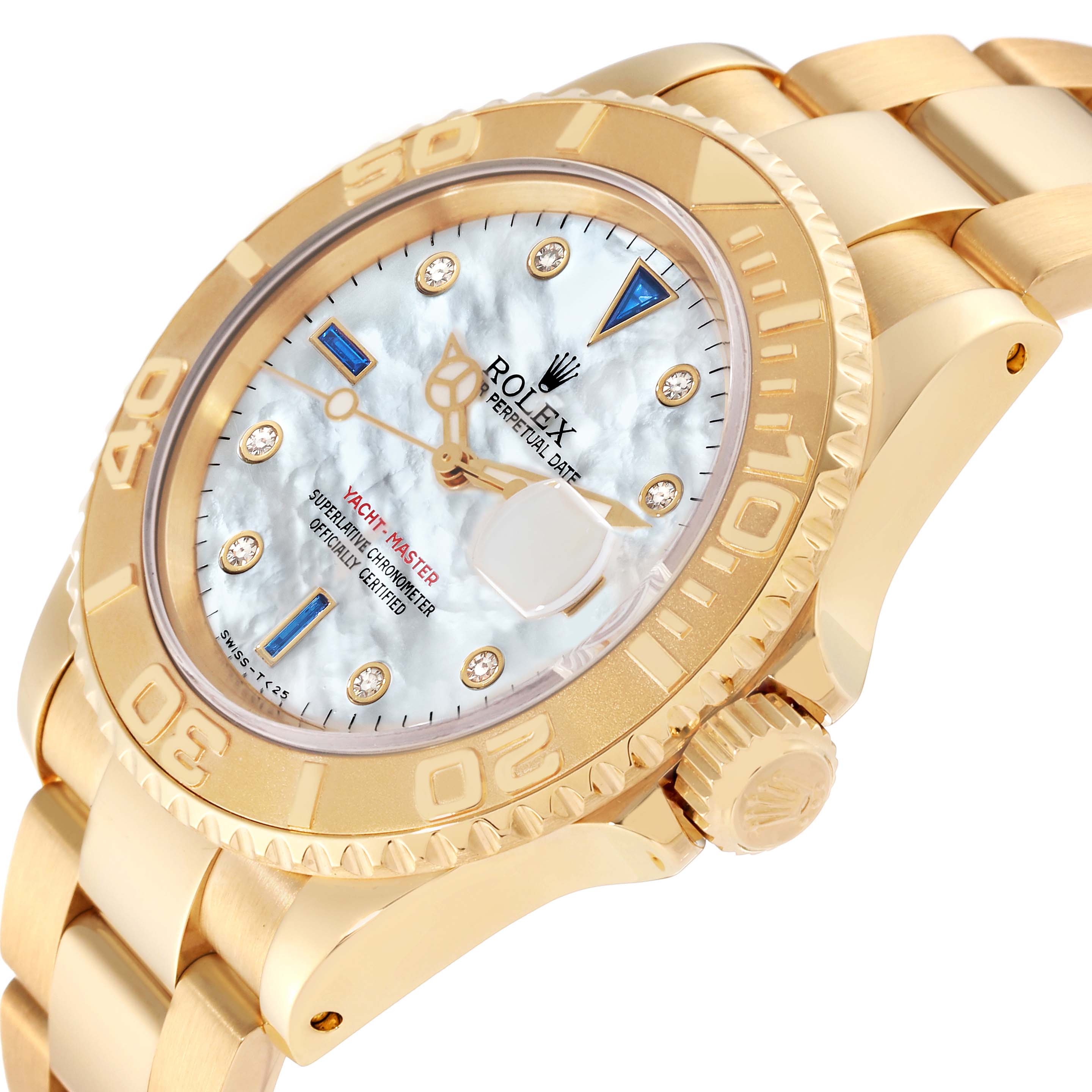 The image shows a three-quarter angle of a Rolex Yacht-Master 16628 Men's Yellow Gold Mother of Pearl Dial 16628 Men's Yellow Gold Mother of Pearl Dial watch, highlighting the face, bezel, and part of the bracelet.