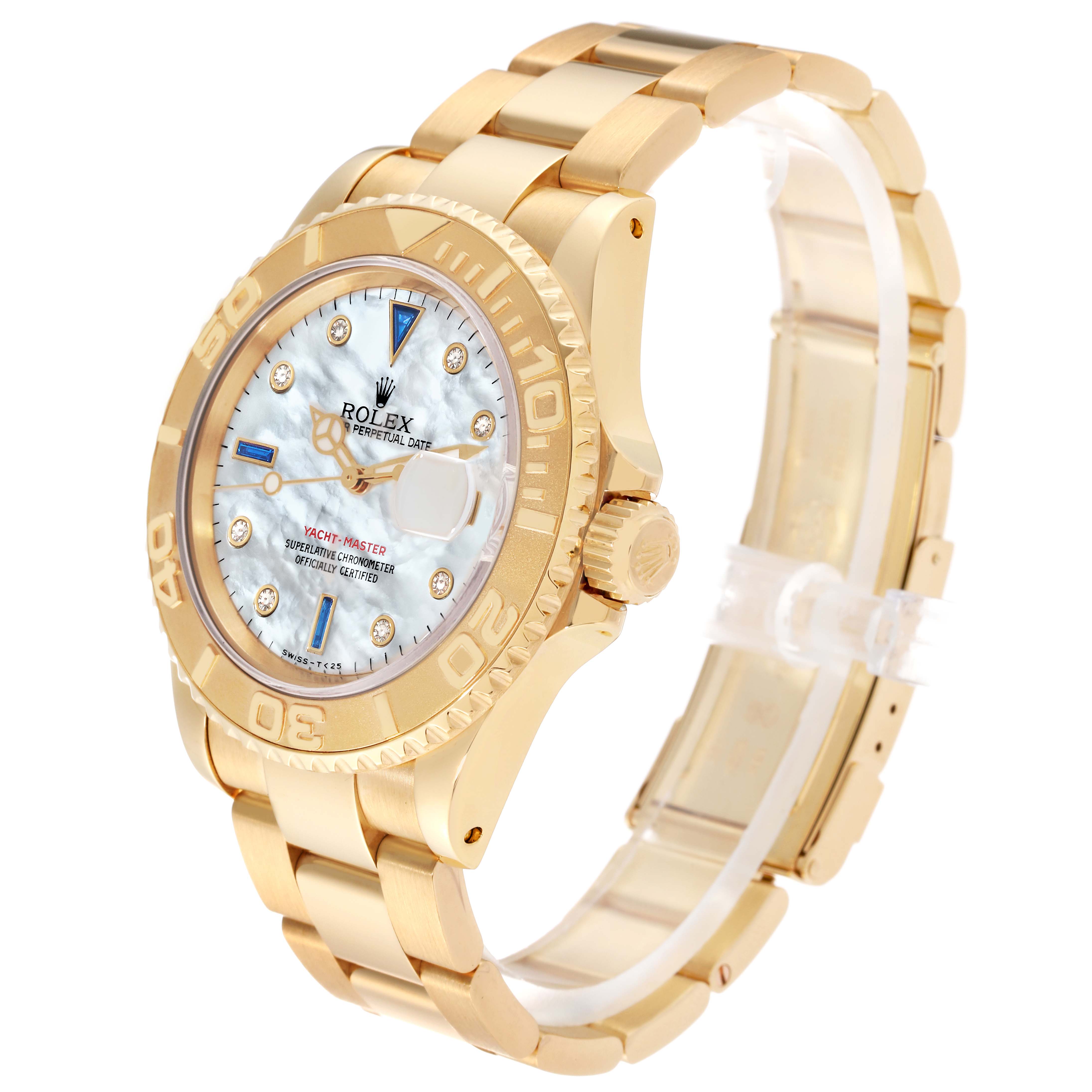 The image shows a Rolex Yacht-Master 16628 Men's Yellow Gold Mother of Pearl Dial 16628 Men's Yellow Gold Mother of Pearl Dial watch at a 3/4 angle, displaying the face, bezel, case, crown, and bracelet.