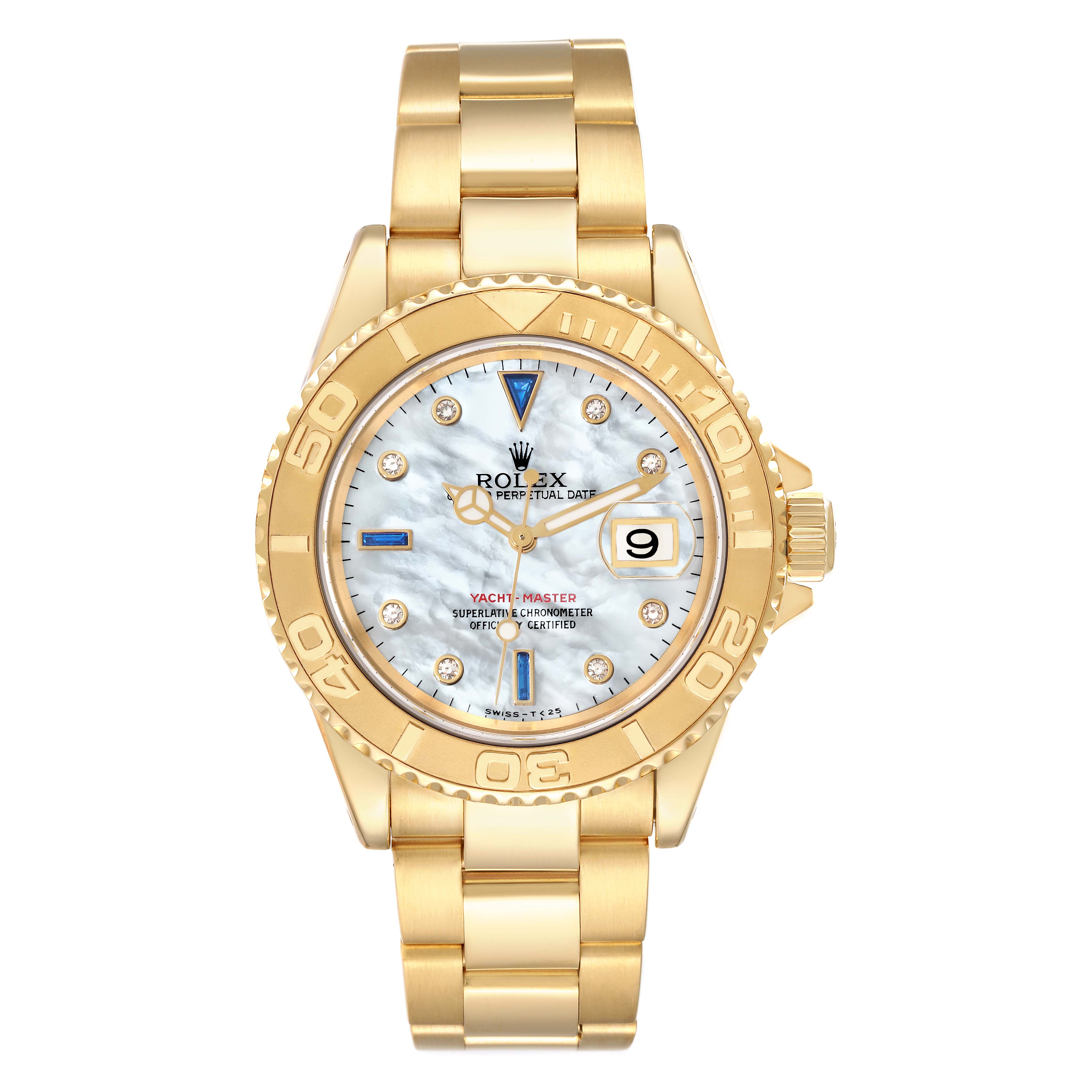 The image shows a front view of a Rolex Yacht-Master 16628 Men's Yellow Gold Mother of Pearl Dial 16628 Men's Yellow Gold Mother of Pearl Dial watch, highlighting its golden bracelet, case, bezel, and mother-of-pearl dial.