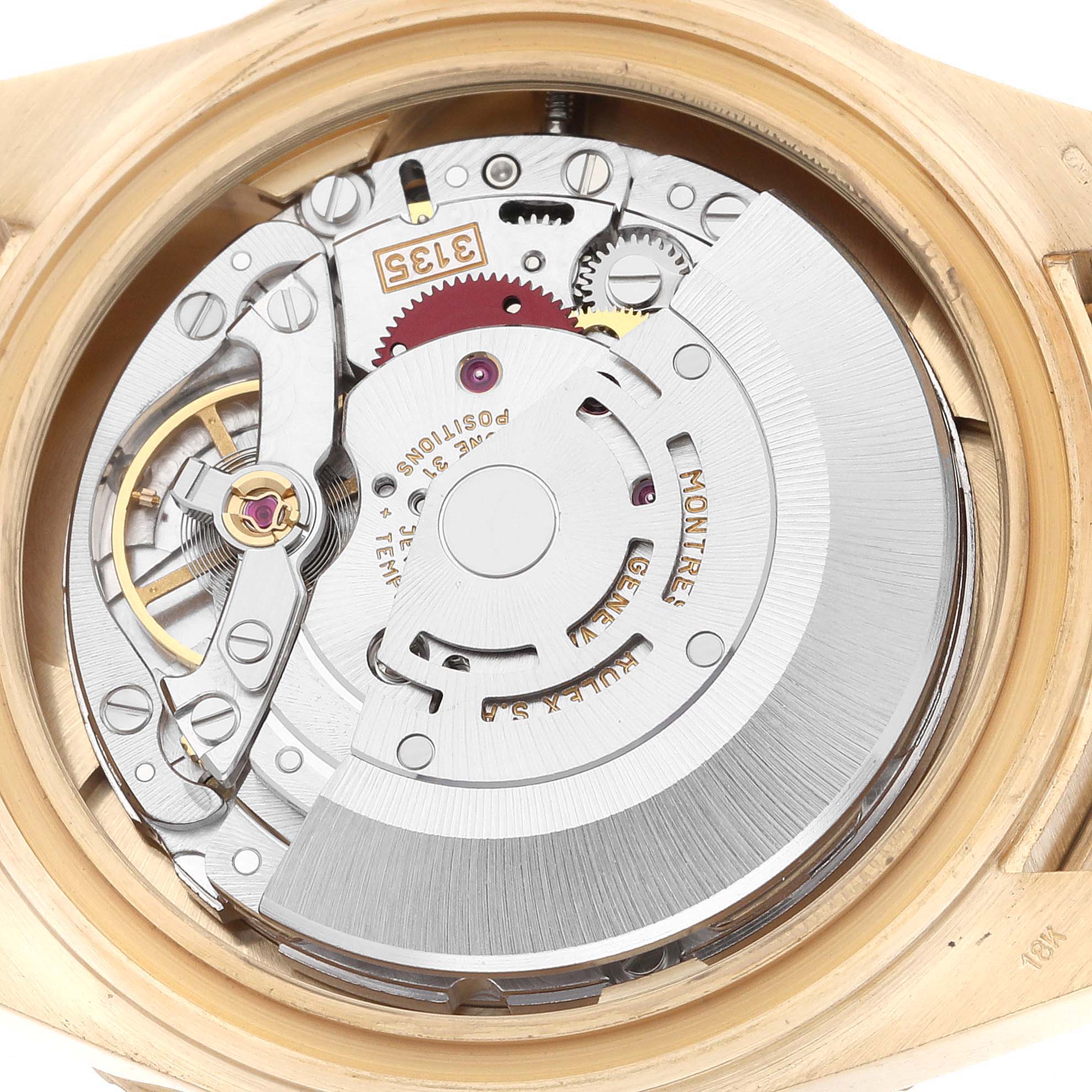 The image shows the movement and internal mechanics of a Rolex Yacht-Master 16628 Men's Yellow Gold Mother of Pearl Dial 16628 Men's Yellow Gold Mother of Pearl Dial watch, viewed from the back.