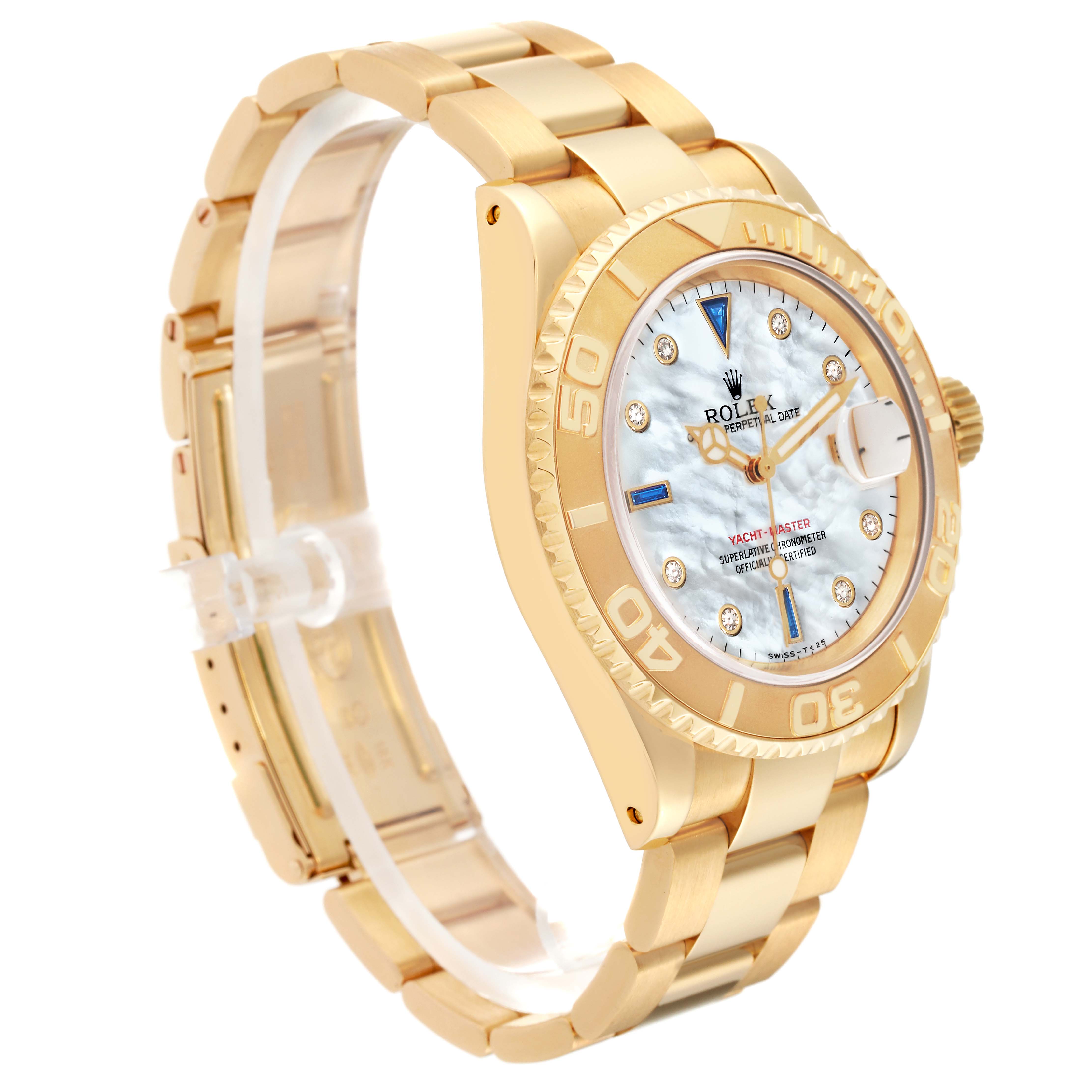 The image shows a side angle of a Rolex Yacht-Master 16628 Men's Yellow Gold Mother of Pearl Dial 16628 Men's Yellow Gold Mother of Pearl Dial watch, highlighting its gold case, bracelet, bezel, and mother-of-pearl dial.