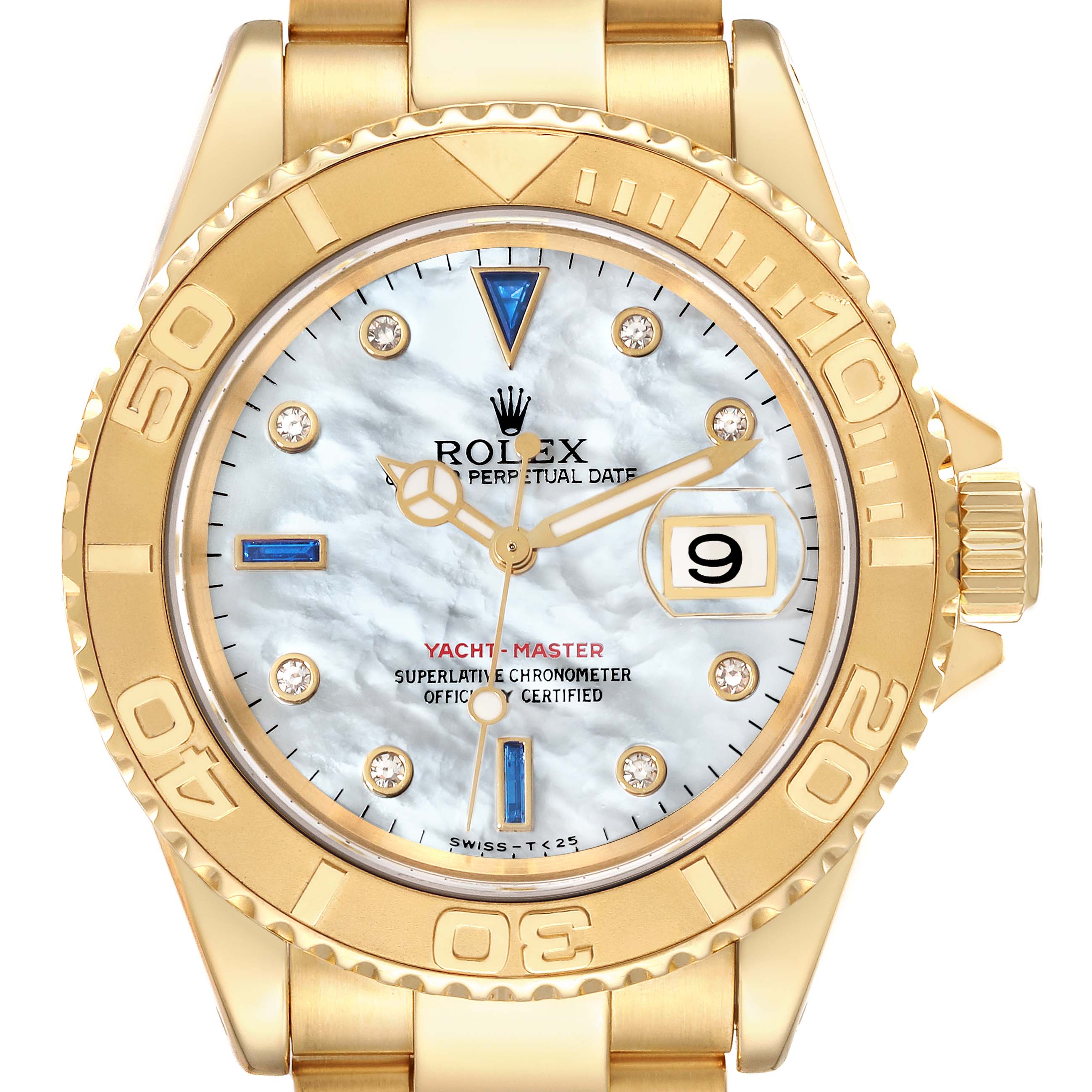 The image shows a front view of a Rolex Yacht-Master 16628 Men's Yellow Gold Mother of Pearl Dial 16628 Men's Yellow Gold Mother of Pearl Dial watch, highlighting its dial, bezel, and crown.