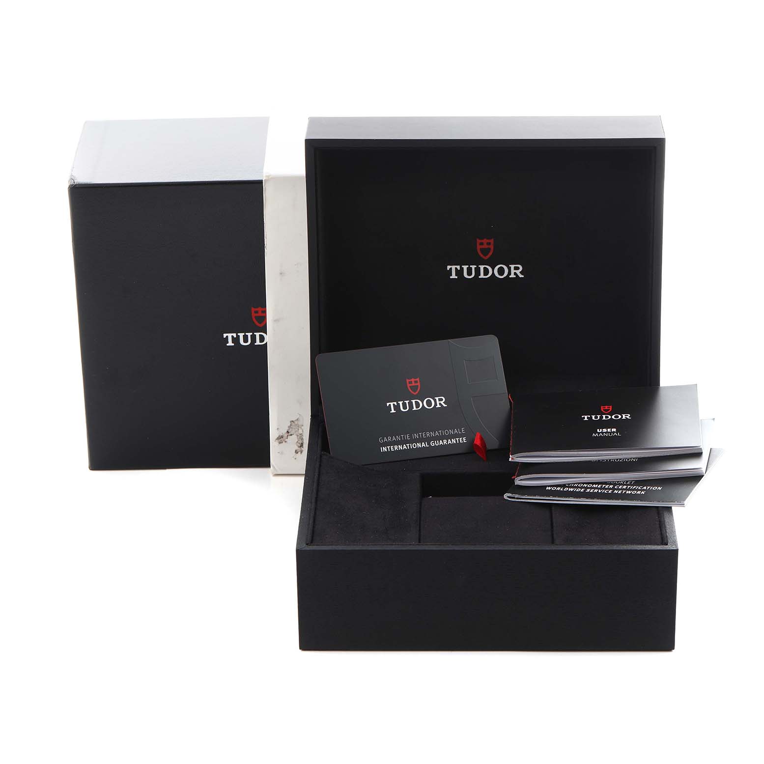 The image shows the packaging and accessories for the Tudor Heritage Black Bay 79540 Men
s Stainless Steel Blue Dial 79540 Men
s Stainless Steel Blue Dial, including boxes, warranty card, and manuals.