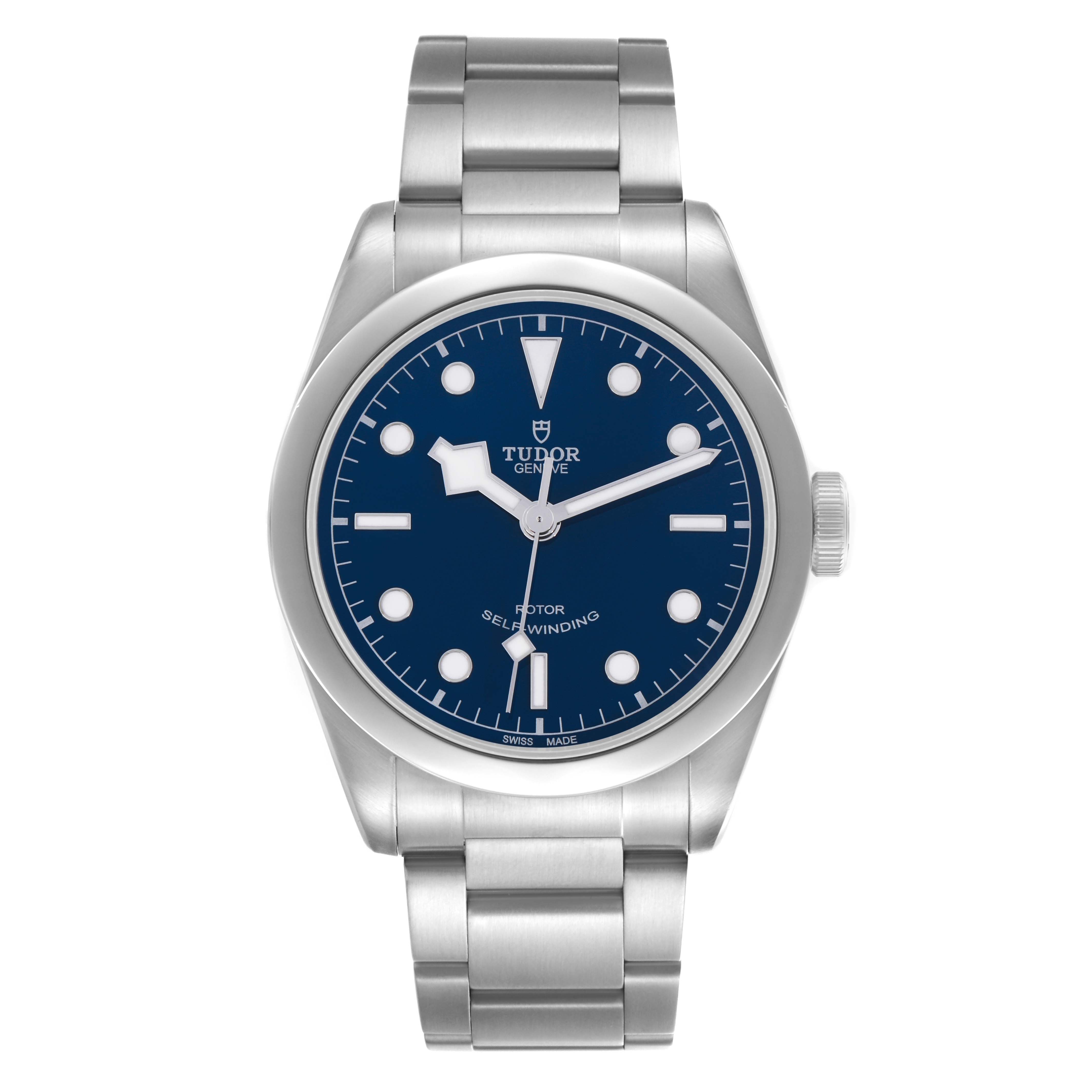 The Tudor Heritage Black Bay 79540 Men
s Stainless Steel Blue Dial 79540 Men
s Stainless Steel Blue Dial watch is shown from a front angle, displaying its blue dial, bezel, crown, and stainless steel bracelet.