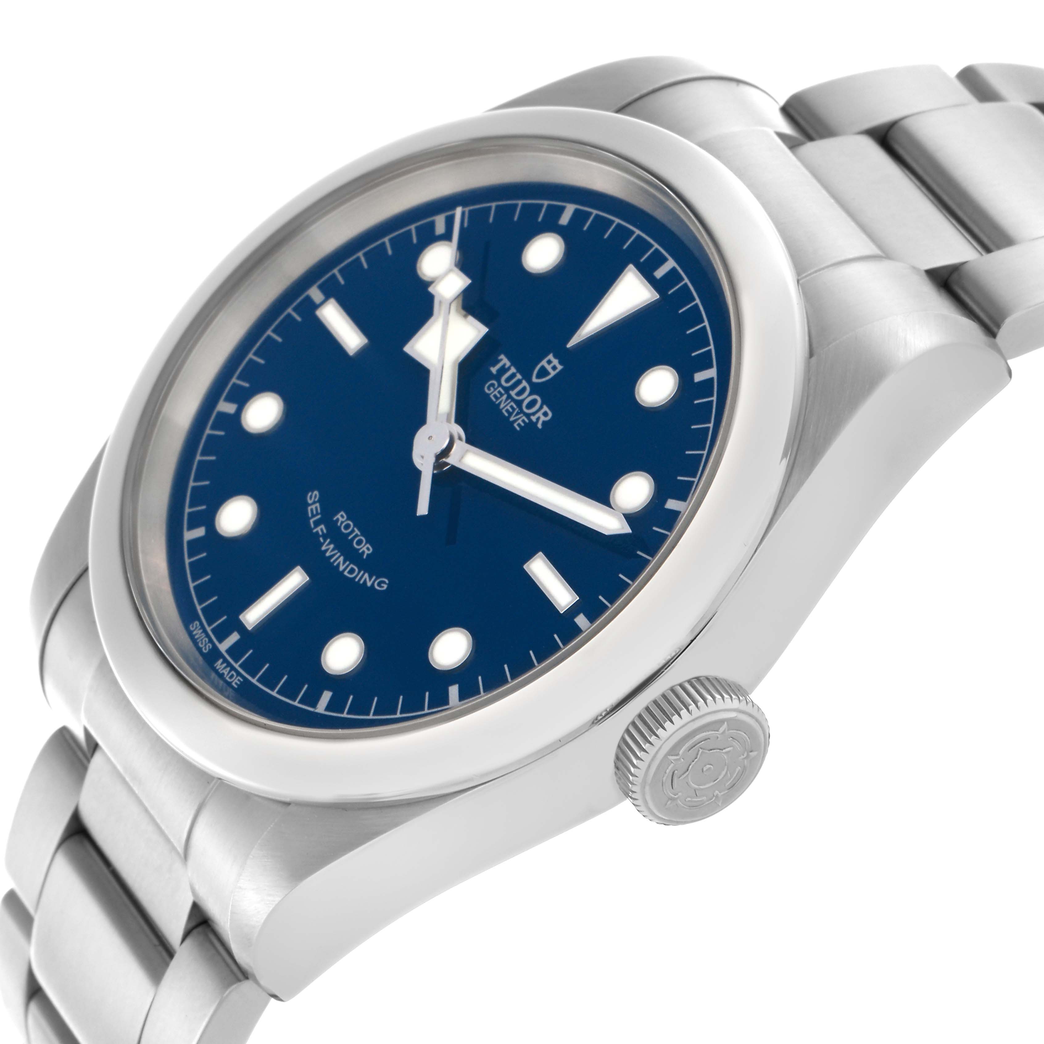 The Tudor Heritage Black Bay 79540 Men
s Stainless Steel Blue Dial 79540 Men
s Stainless Steel Blue Dial watch is shown at an angled side view, highlighting the dial, crown, and metal bracelet.