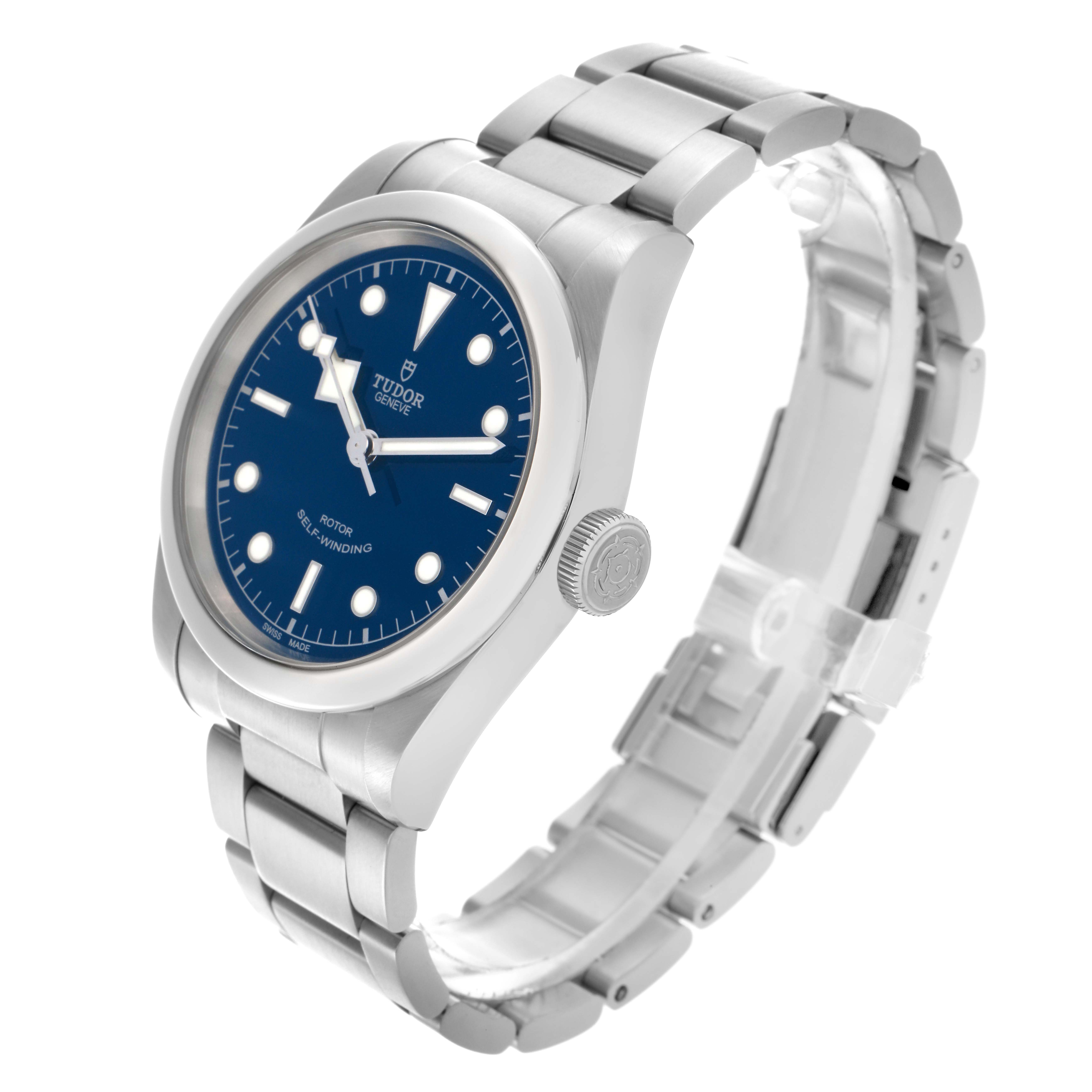 The Tudor Heritage Black Bay 79540 Men
s Stainless Steel Blue Dial 79540 Men
s Stainless Steel Blue Dial watch is shown at an angled side view, highlighting its blue dial, crown, case, and bracelet.