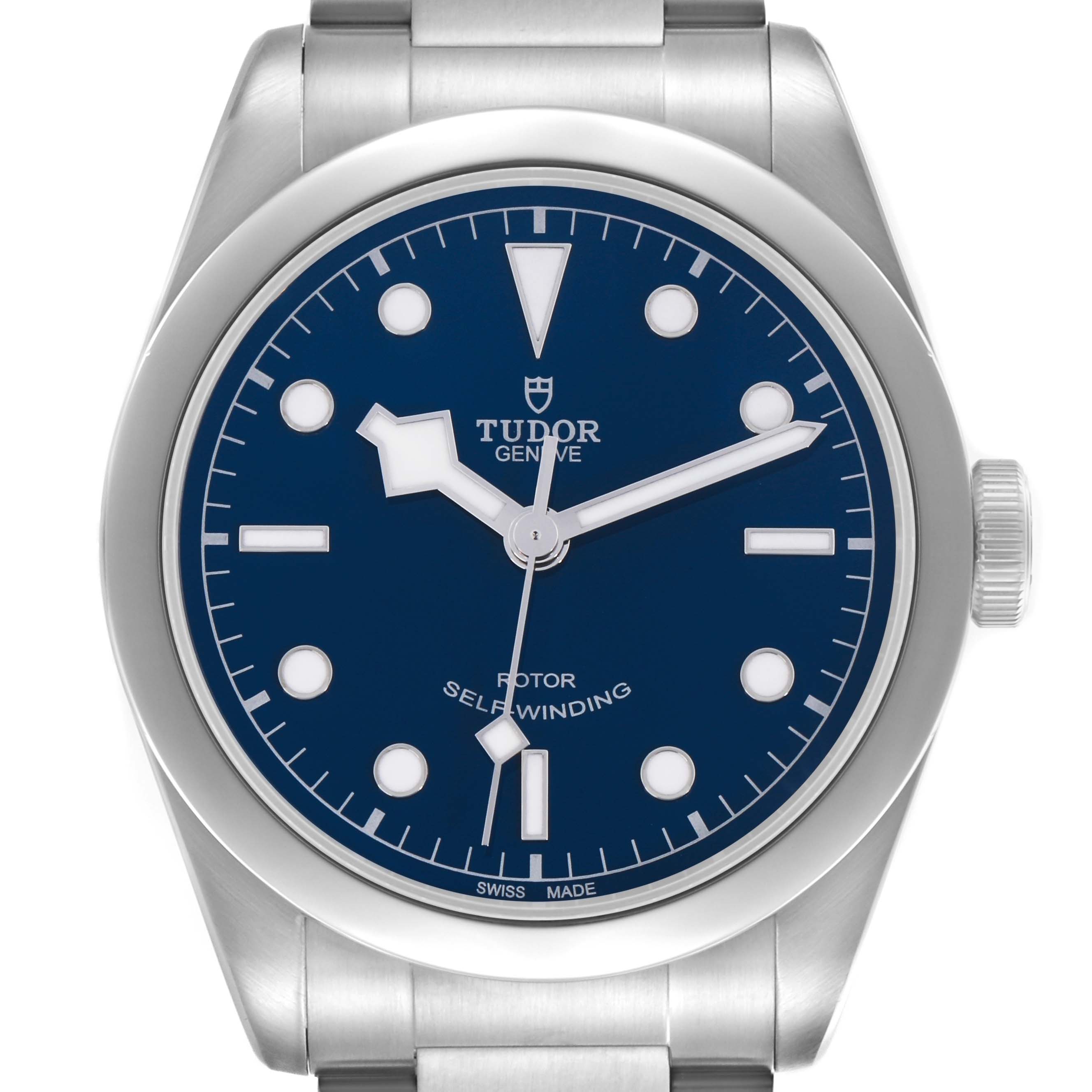 The Tudor Heritage Black Bay 79540 Men
s Stainless Steel Blue Dial 79540 Men
s Stainless Steel Blue Dial watch is shown from a front angle, displaying the dial, bezel, and part of the bracelet.