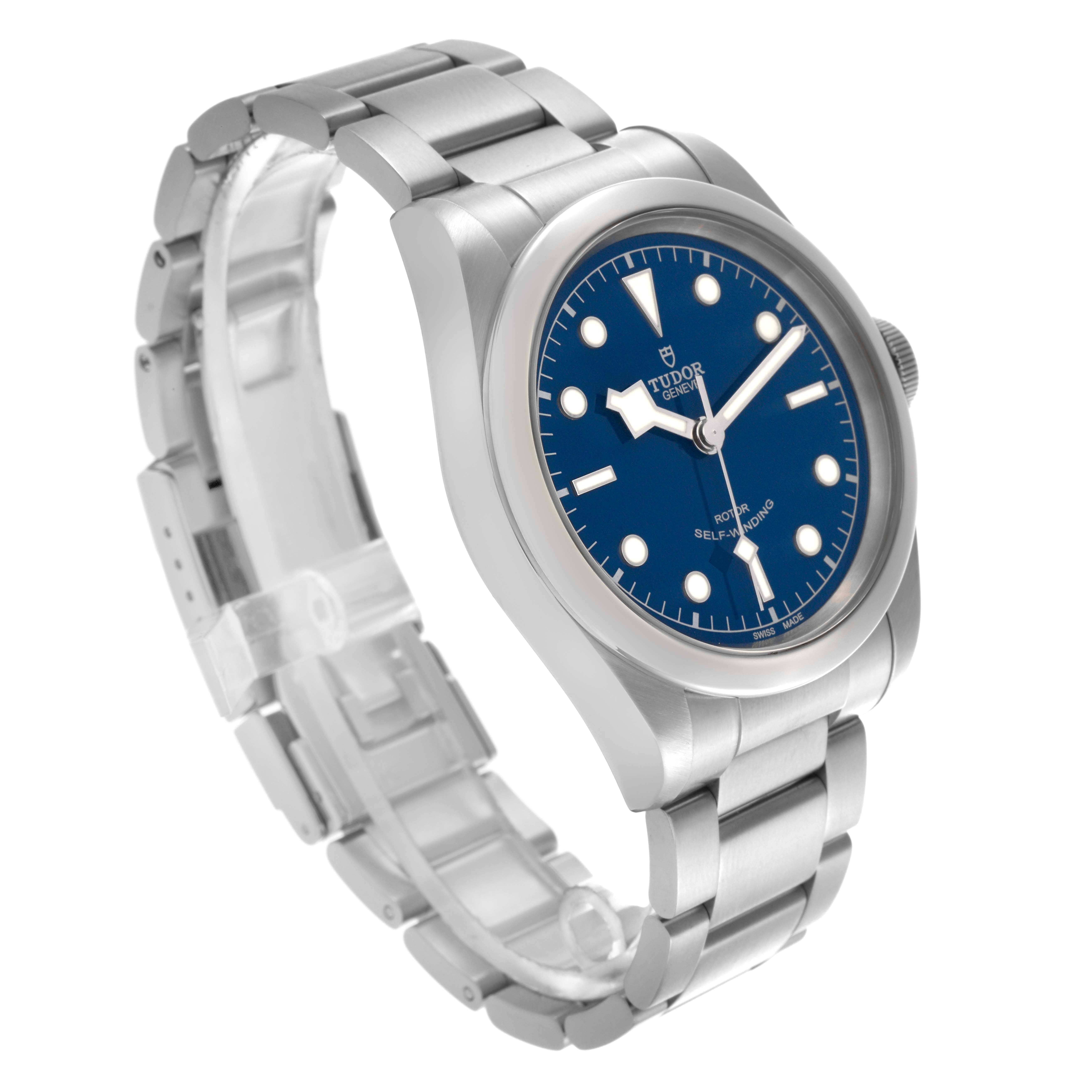 The Tudor Heritage Black Bay 79540 Men
s Stainless Steel Blue Dial 79540 Men
s Stainless Steel Blue Dial watch is shown at an angled view, highlighting the dial, case, and bracelet.