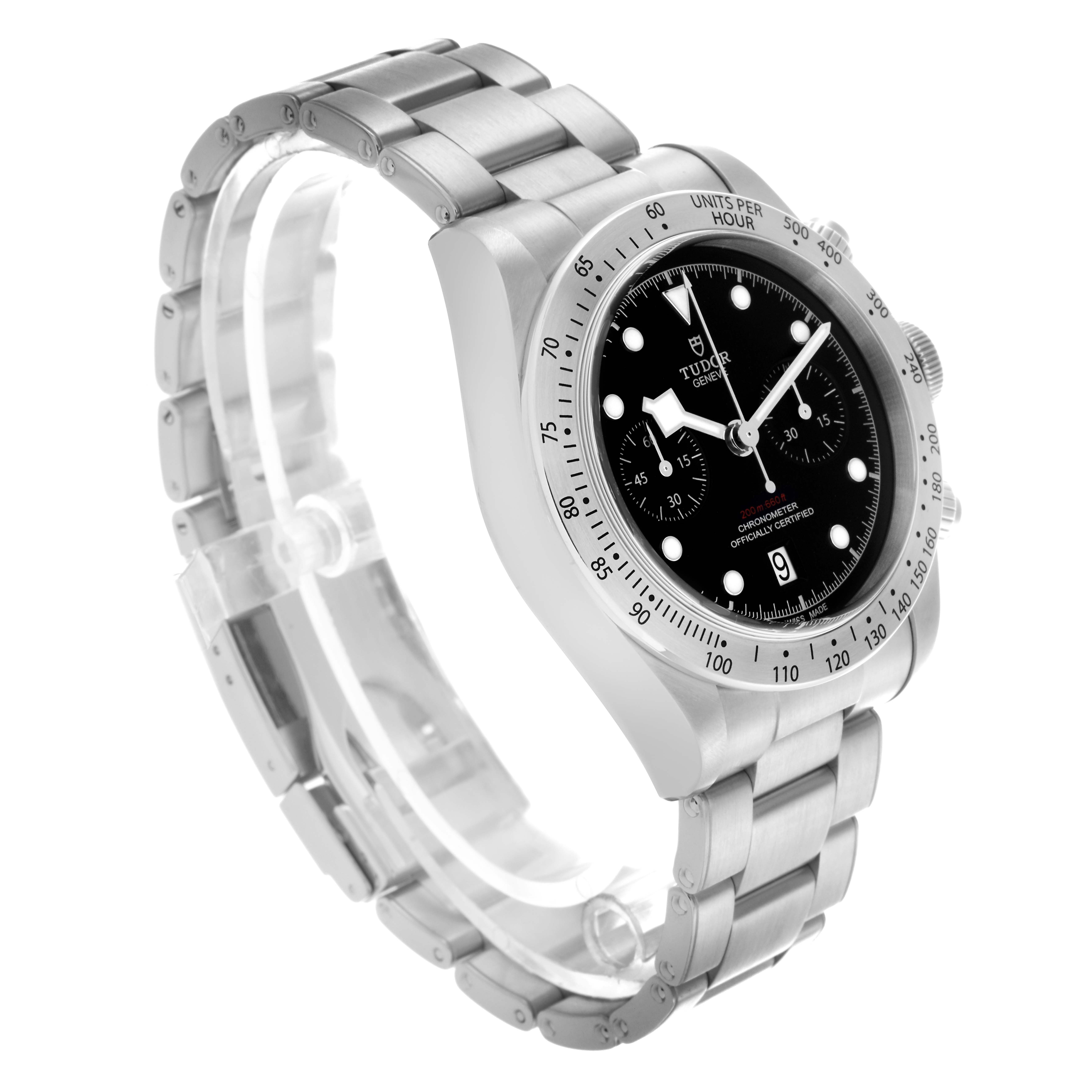 The Tudor Heritage Black Bay 79350 Men
s Stainless Steel Black Dial 79350 Men
s Stainless Steel Black Dial watch is shown at a three-quarter angle, highlighting the dial, bezel, and bracelet.