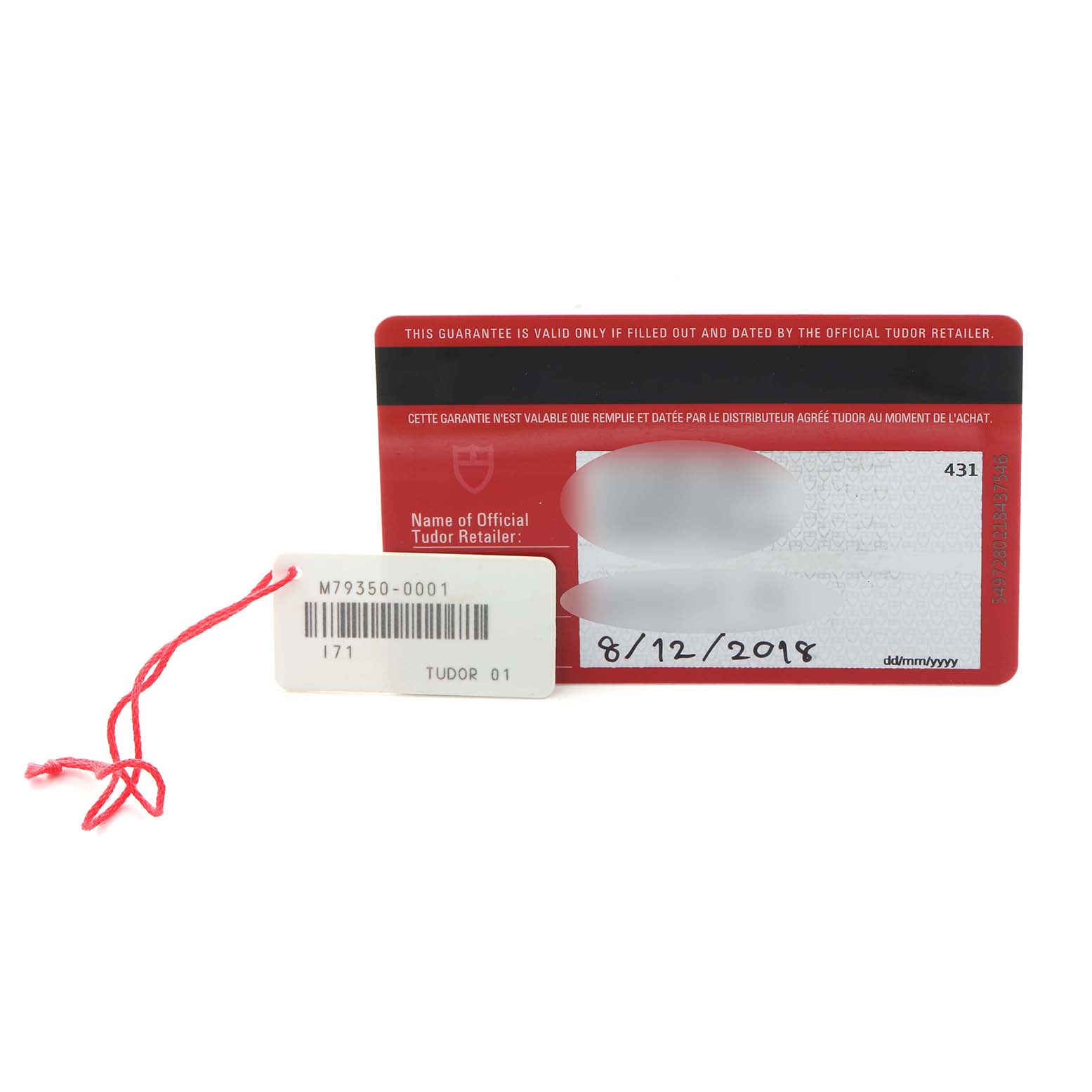 The image shows a warranty card and a tag for the Tudor Heritage Black Bay 79350 Men
s Stainless Steel Black Dial 79350 Men
s Stainless Steel Black Dial model.