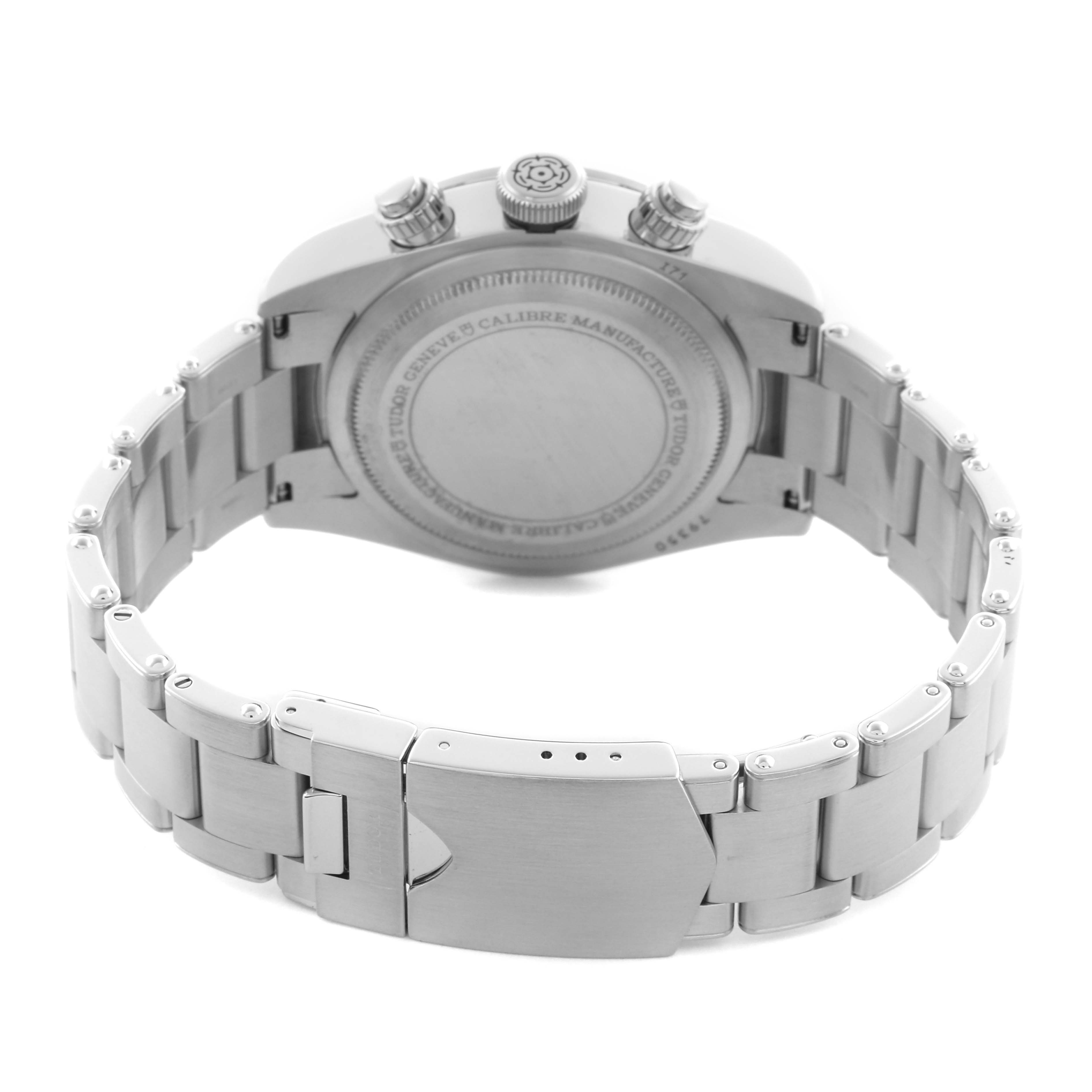 The image shows the back and bracelet of a Tudor Heritage Black Bay 79350 Men
s Stainless Steel Black Dial 79350 Men
s Stainless Steel Black Dial watch, including the clasp and crown side.