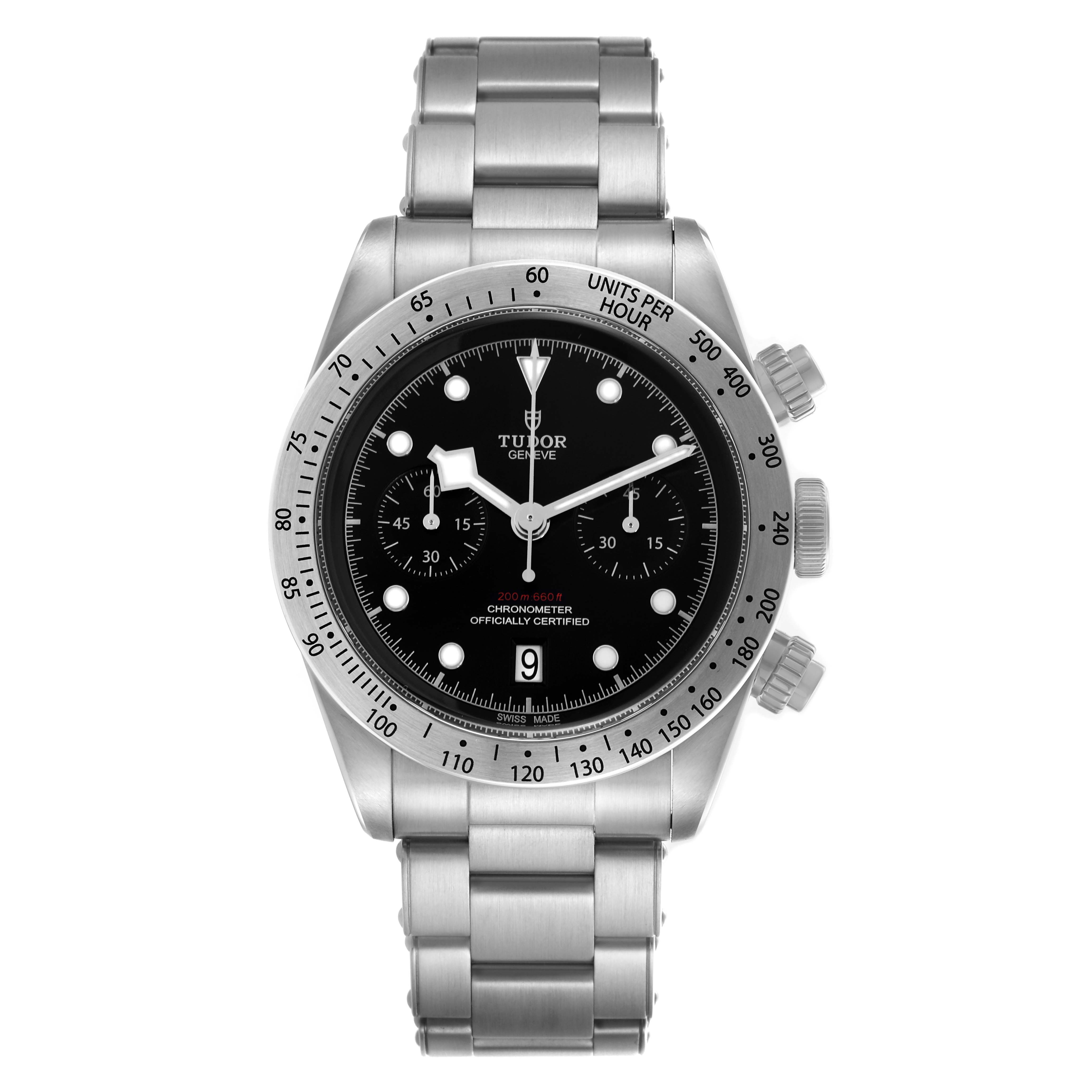 The Tudor Heritage Black Bay 79350 Men
s Stainless Steel Black Dial 79350 Men
s Stainless Steel Black Dial watch is shown from a front view displaying the dial, bezel, and bracelet.