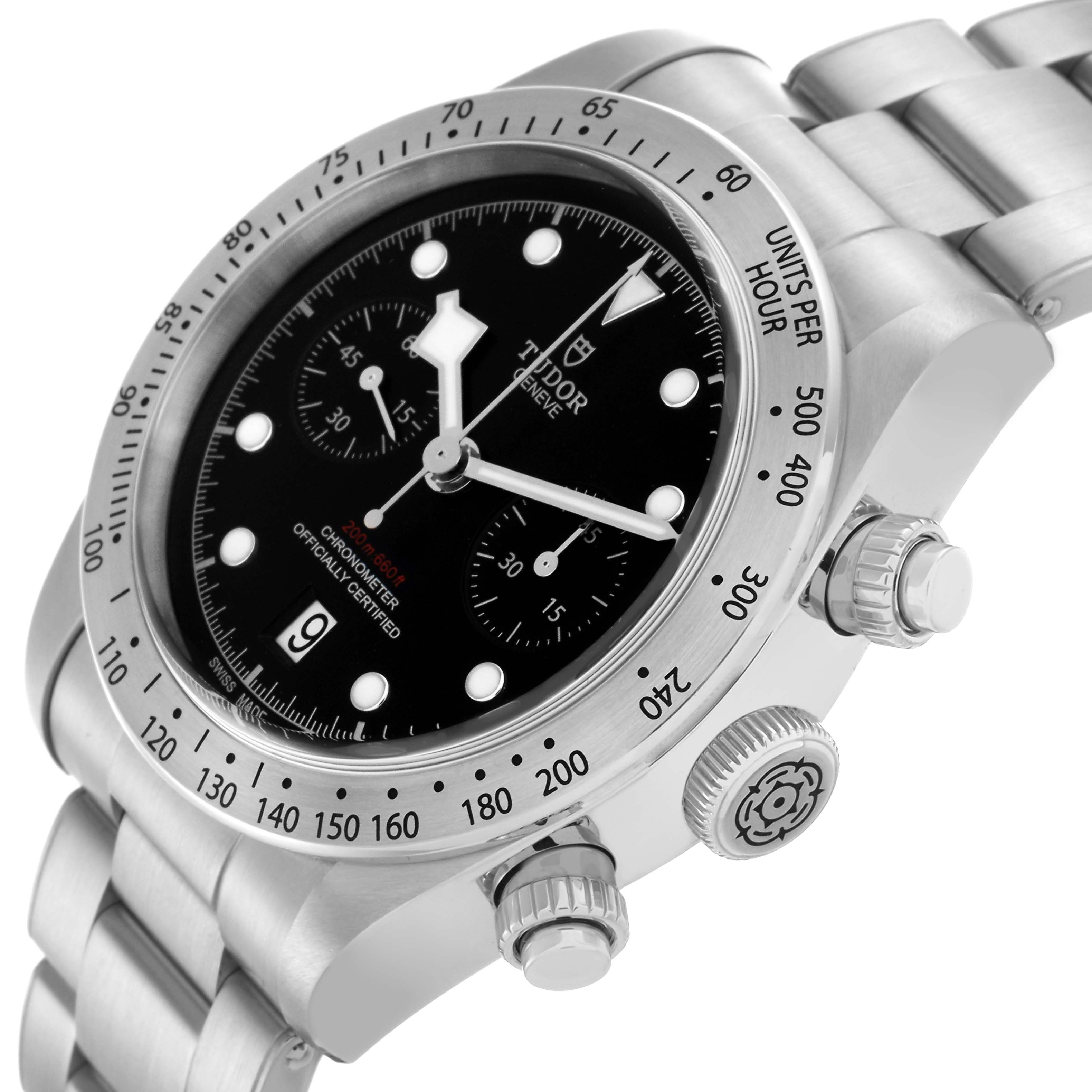The Tudor Heritage Black Bay 79350 Men
s Stainless Steel Black Dial 79350 Men
s Stainless Steel Black Dial watch is shown at an angled side view, displaying the dial, bezel, crown, and stainless steel bracelet.