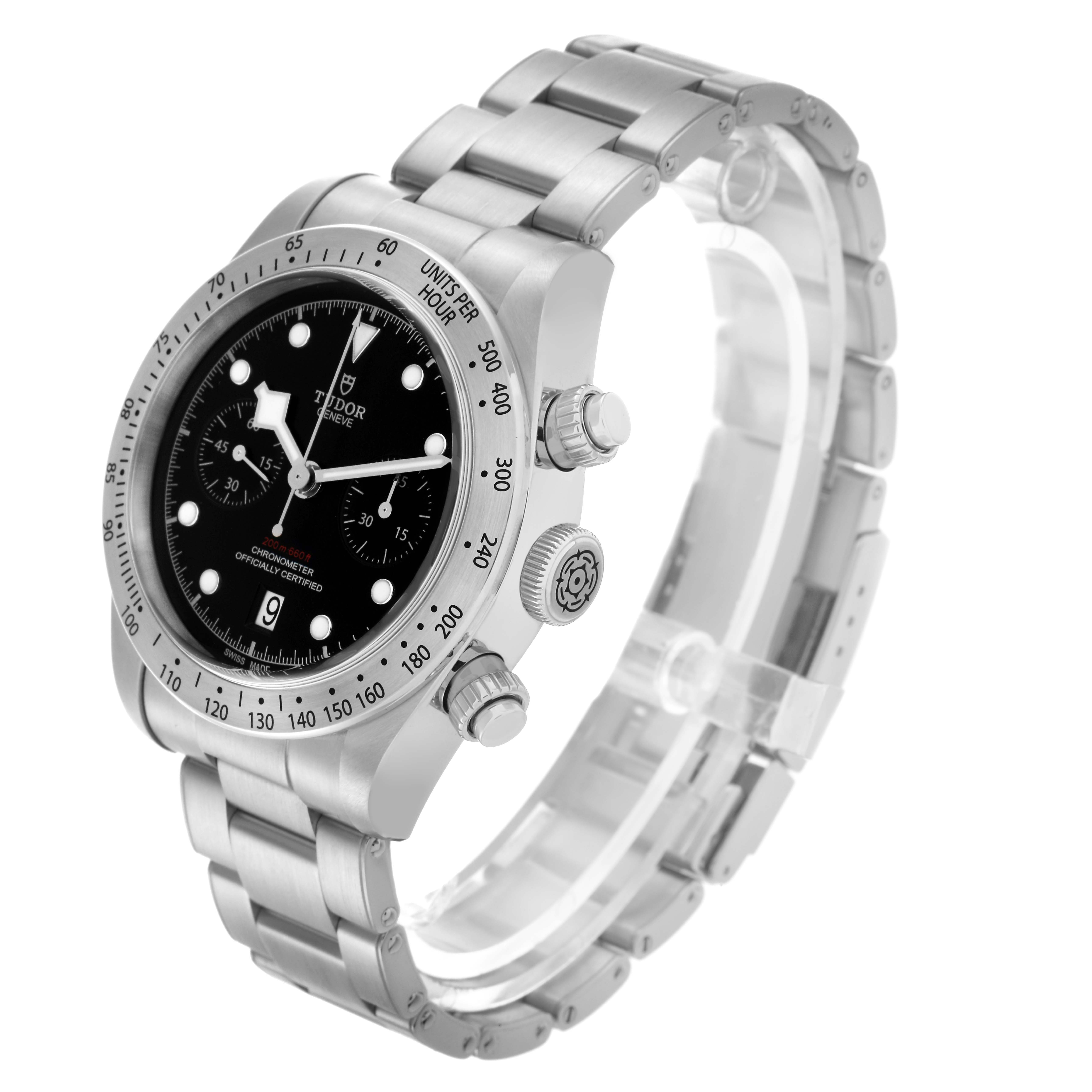 The image shows a Tudor Heritage Black Bay 79350 Men
s Stainless Steel Black Dial 79350 Men
s Stainless Steel Black Dial watch angled to reveal the side profile, bezel, crown, and bracelet.