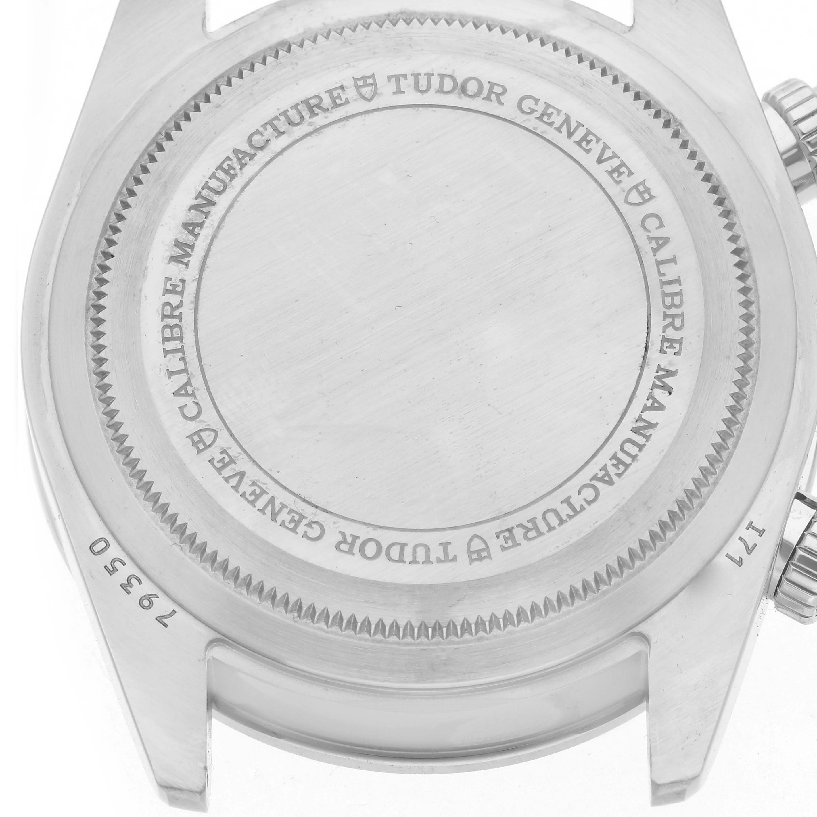 The image shows the back of the Tudor Heritage Black Bay 79350 Men
s Stainless Steel Black Dial 79350 Men
s Stainless Steel Black Dial watch, highlighting the case back and engraved details.