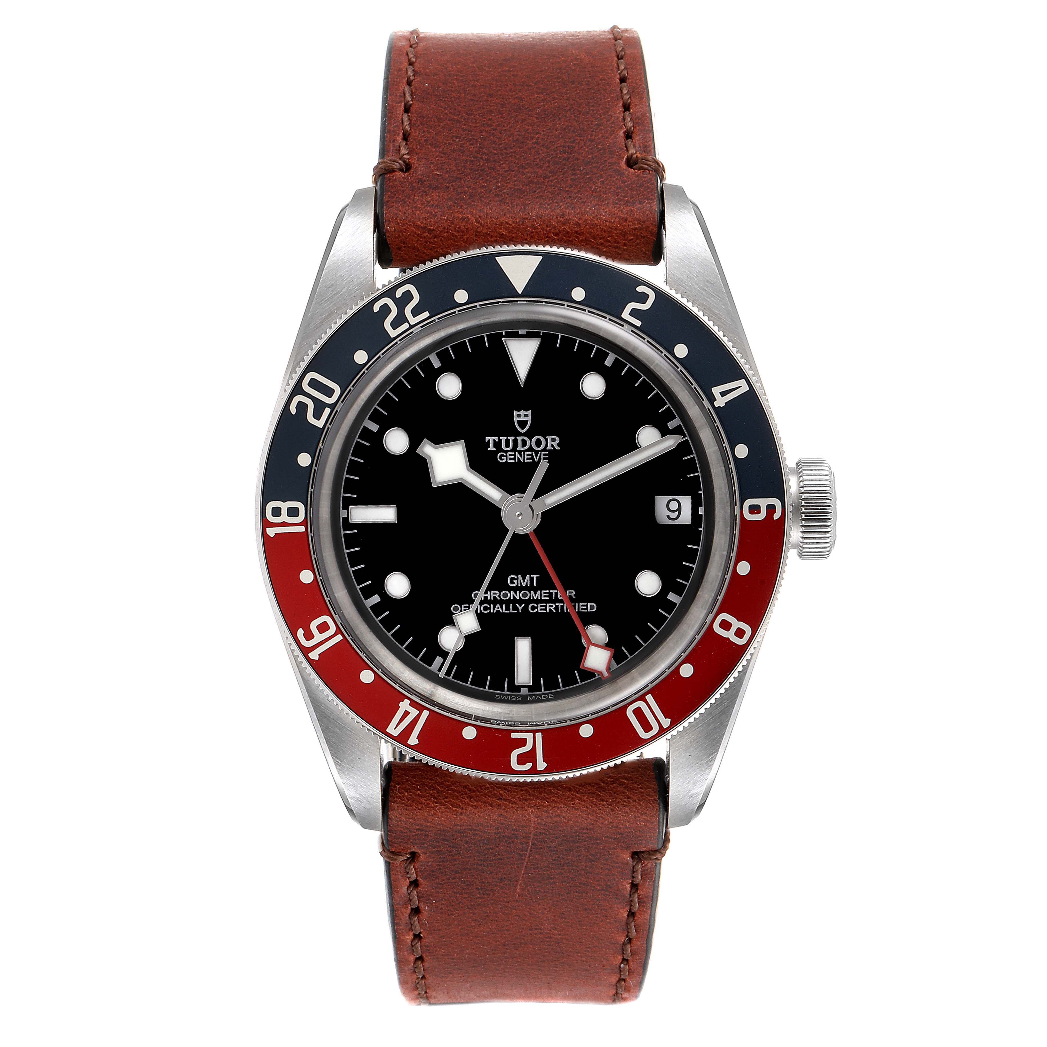 The Tudor Heritage Black Bay 79830RB Men
s Stainless Steel Black Dial 79830RB Men
s Stainless Steel Black Dial watch is shown from the front, displaying its dial, bezel, and brown leather strap.