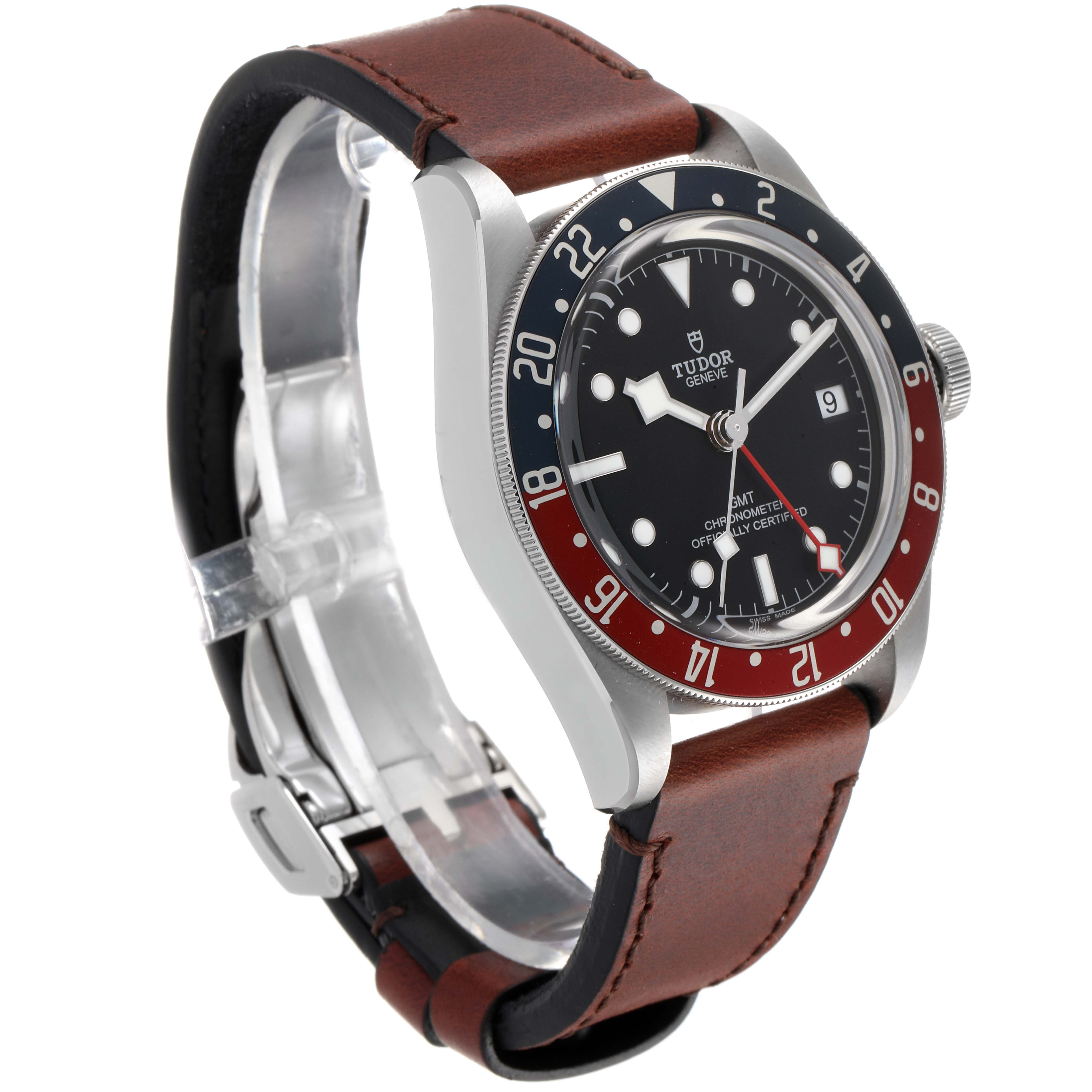 The image shows a Tudor Heritage Black Bay 79830RB Men
s Stainless Steel Black Dial 79830RB Men
s Stainless Steel Black Dial watch at a three-quarter angle, highlighting the dial, bezel, and leather strap.