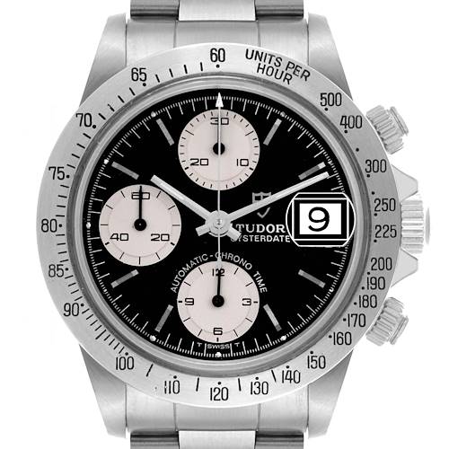 The Tudor Prince model watch is shown from a front angle, displaying the dial, subdials, bezel, and crown.
