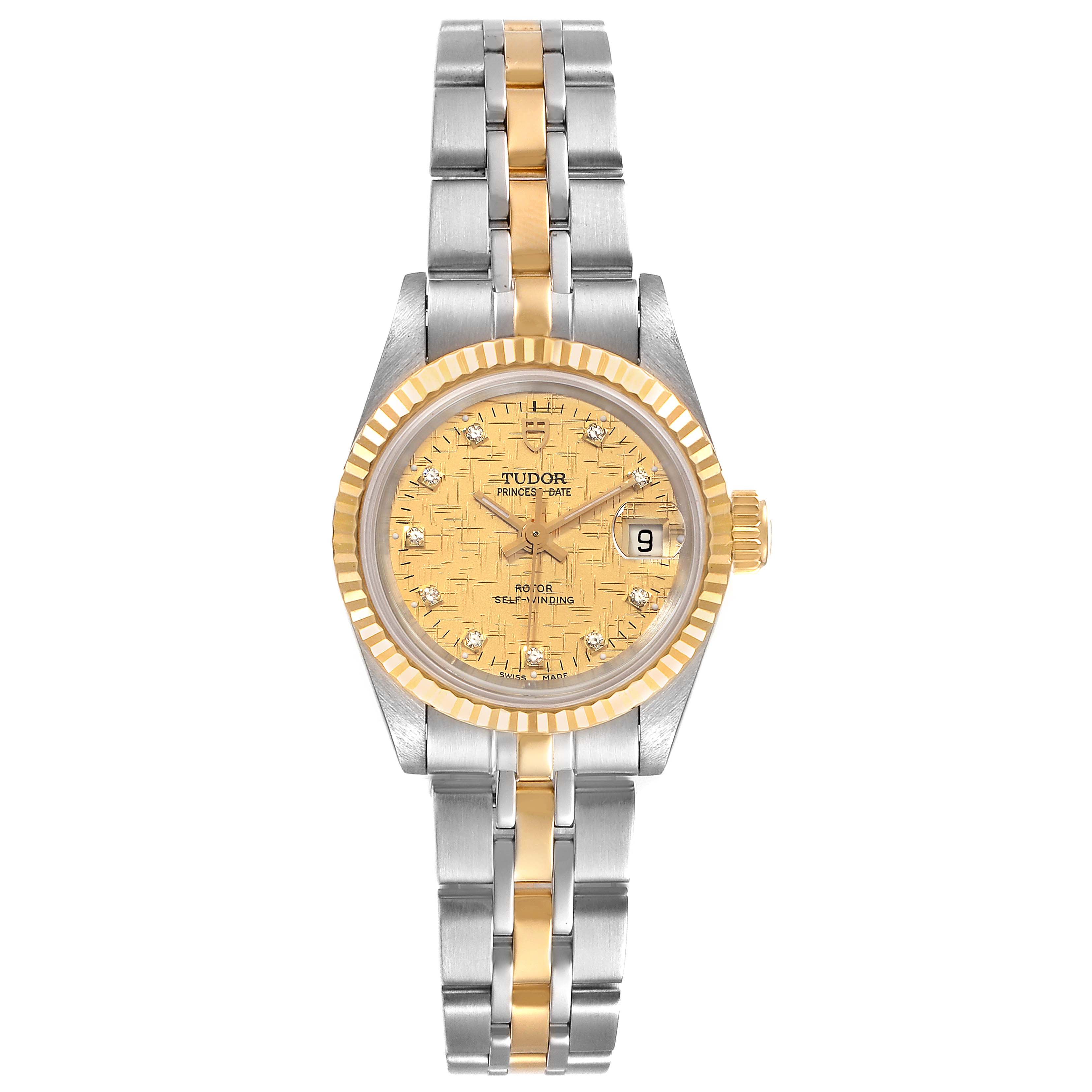 The image shows a front view of the Tudor Princess 92413 Women's Steel and Gold (two tone) Champagne Dial 92413 Women's Steel and Gold (two tone) Champagne Dial watch, displaying its gold bezel, dial, and two-tone bracelet.
