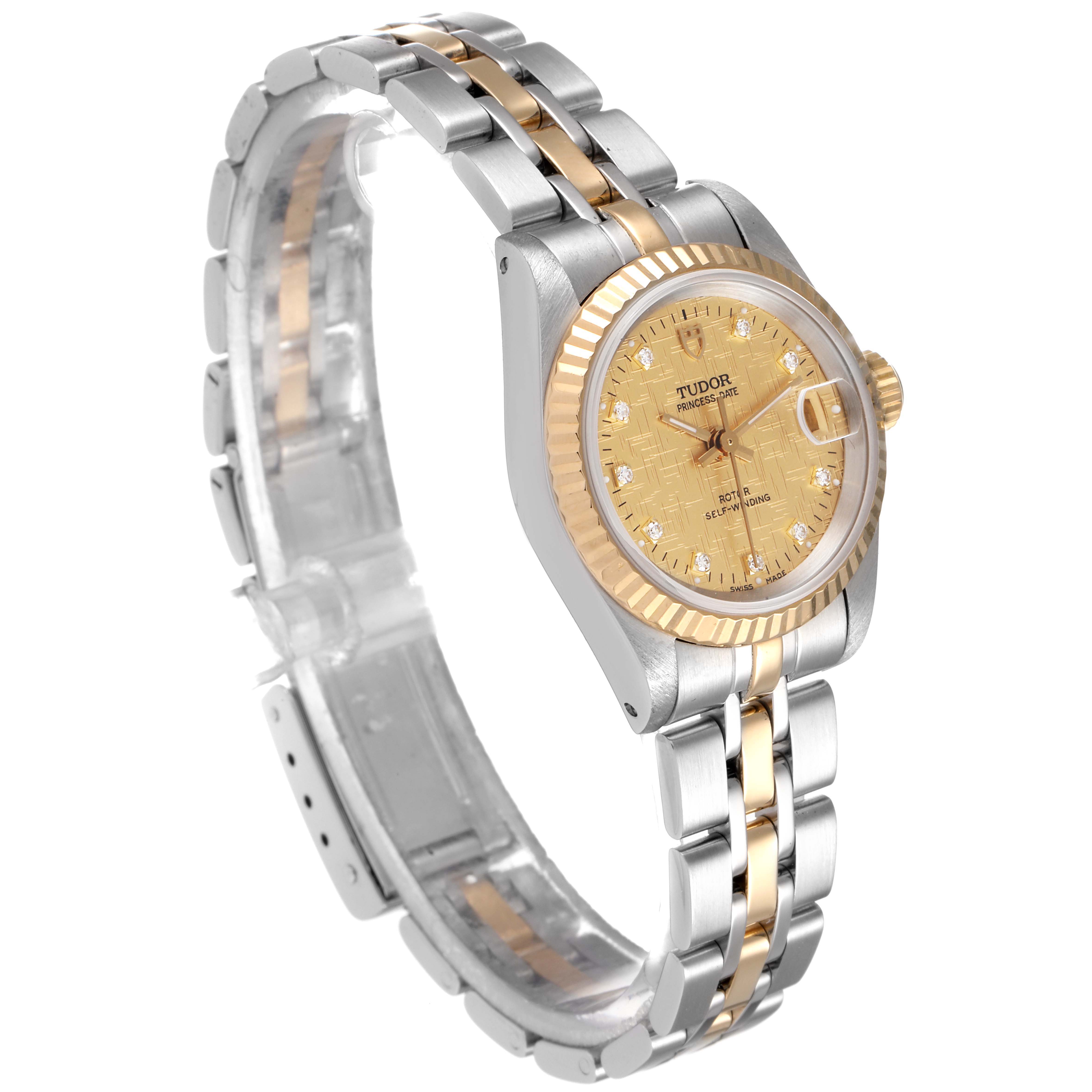 The Tudor Princess 92413 Women's Steel and Gold (two tone) Champagne Dial 92413 Women's Steel and Gold (two tone) Champagne Dial model watch is shown at a side angle, highlighting its two-tone bracelet, face, and bezel.